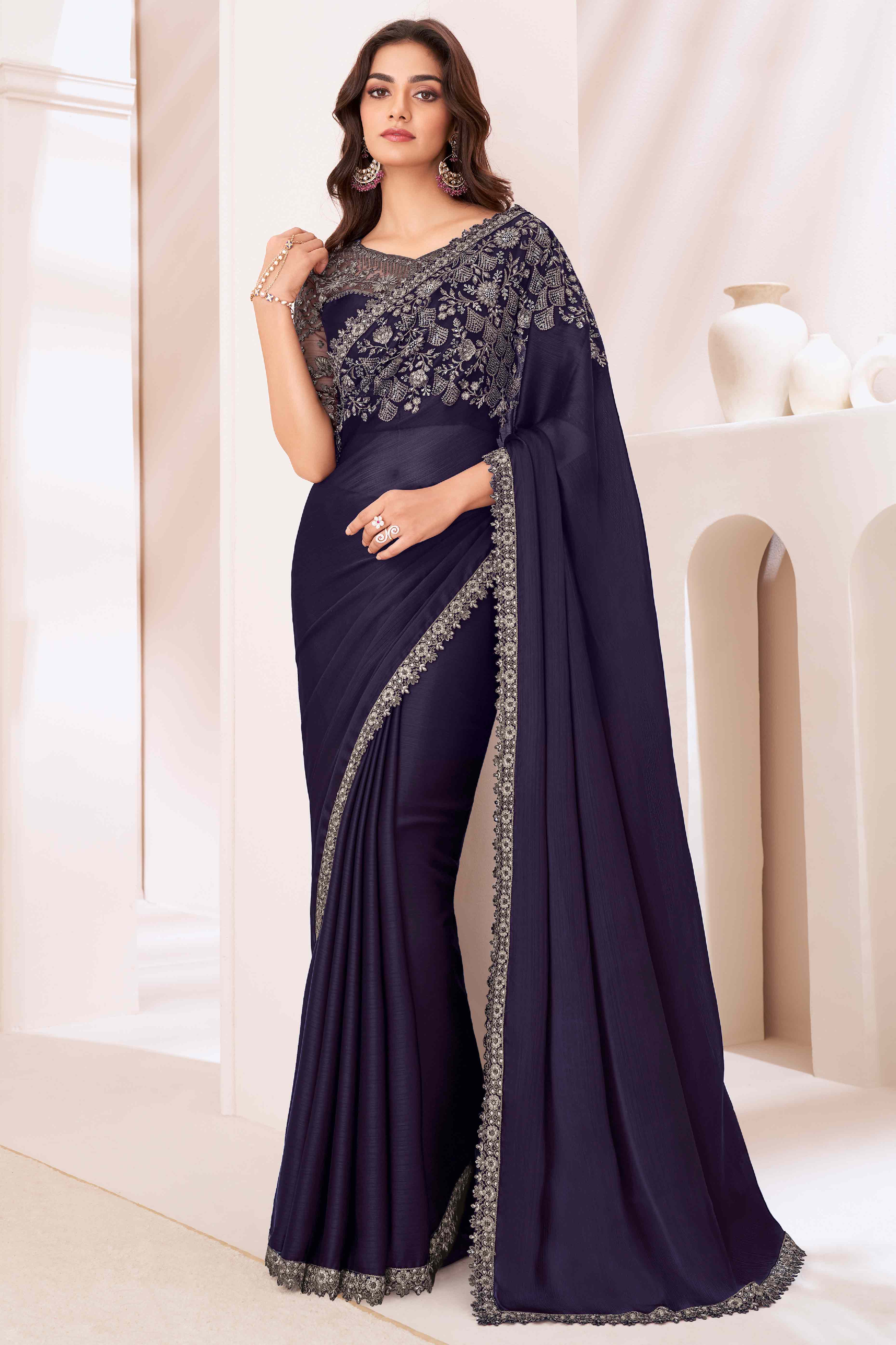 Blue Sequins Embroidered Satin Saree