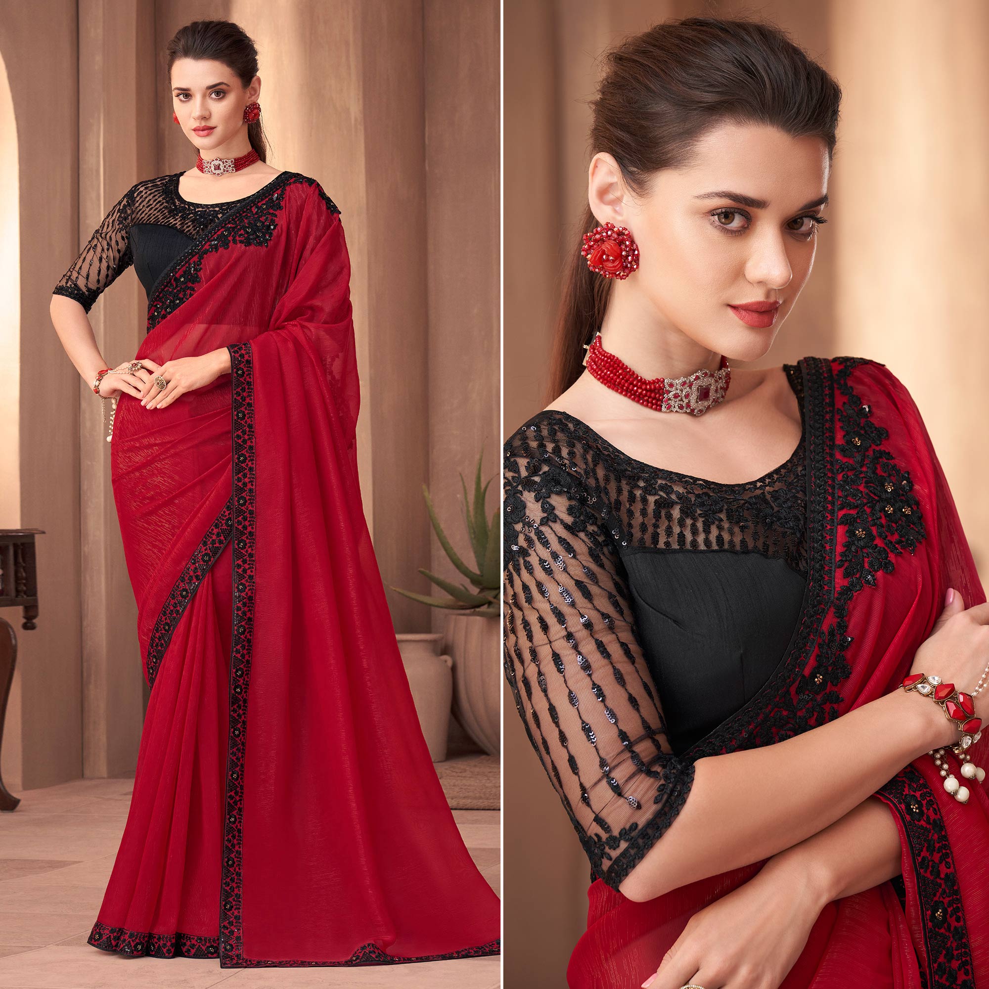 Red Floral Embroidered Georgette Saree