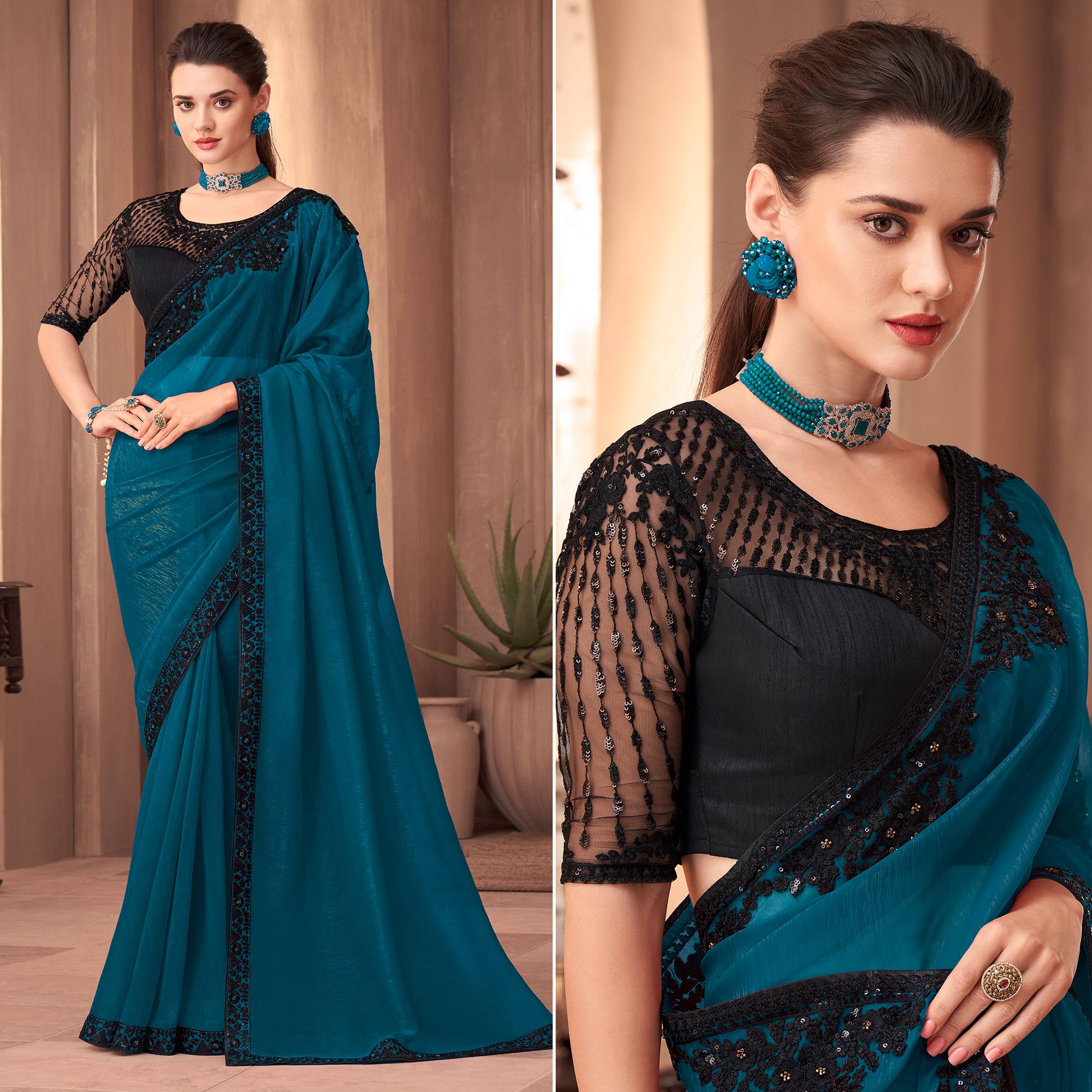 Blue Floral Embroidered Georgette Saree