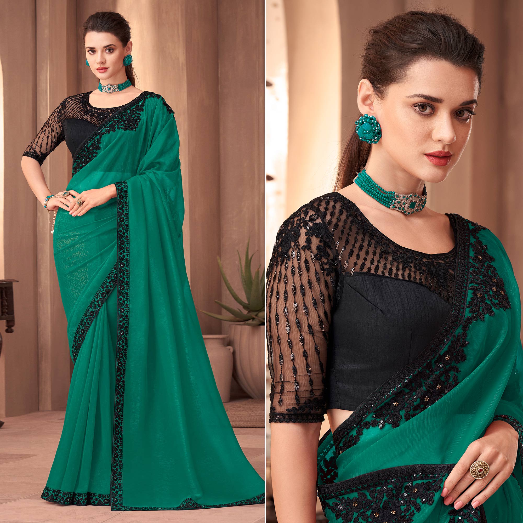 Green Floral Embroidered Georgette Saree