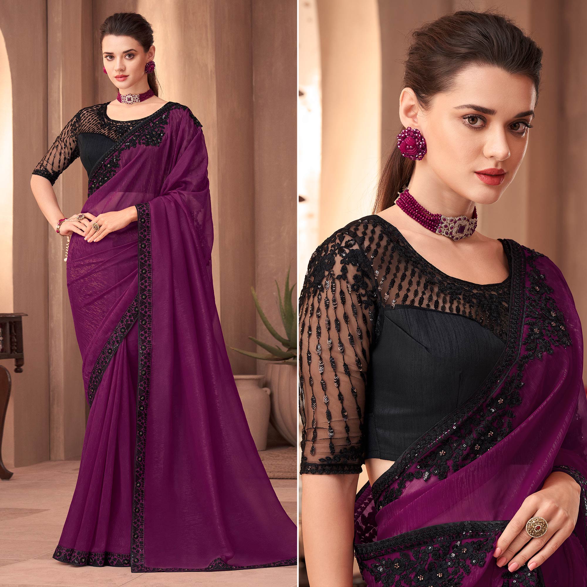 Wine Floral Embroidered Georgette Saree
