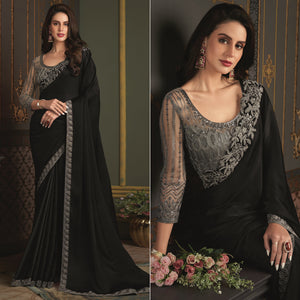 Black Embroidered Designer Satin Saree