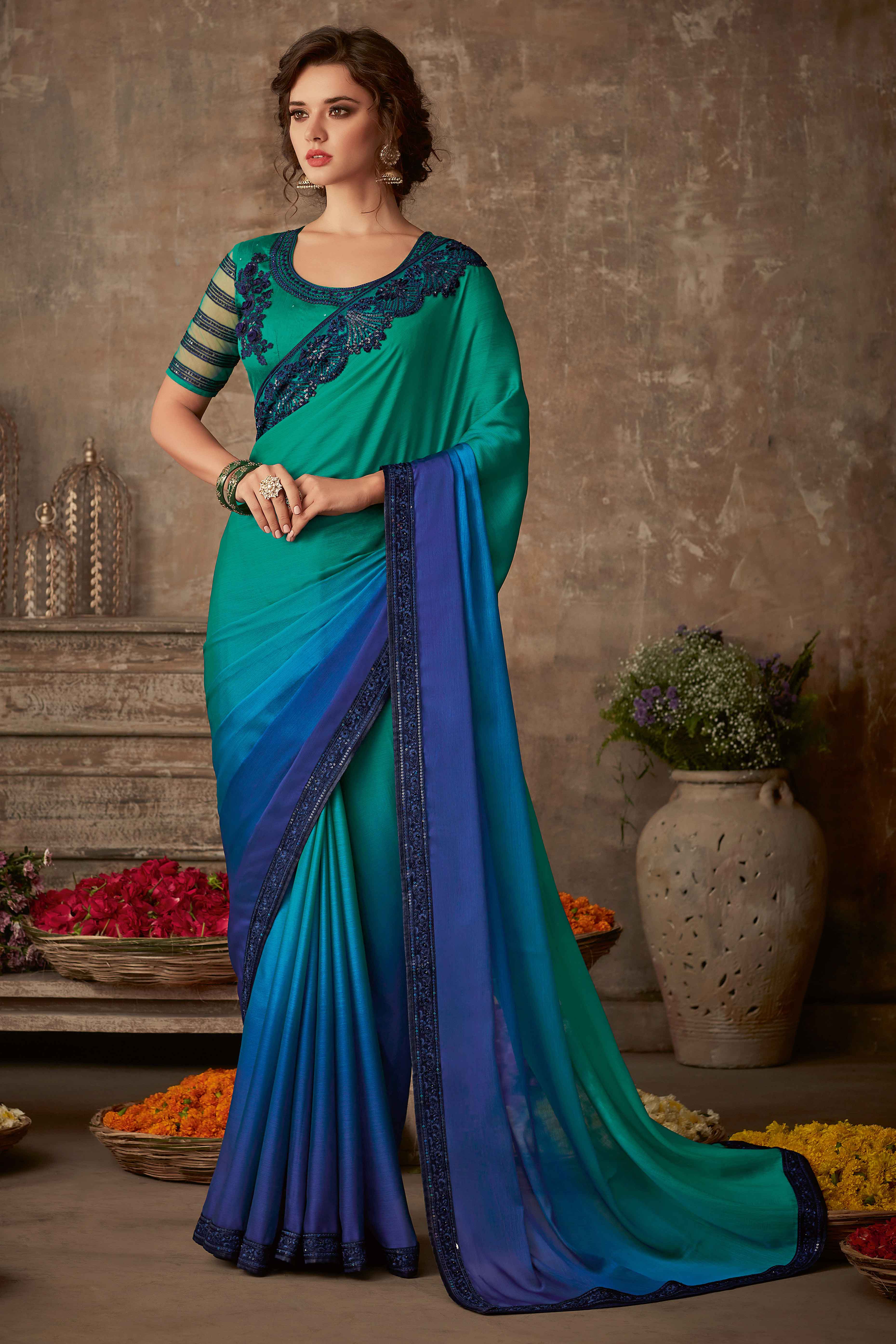 Sea Green & Blue Ombre Print With Embroidered Chiffon Saree