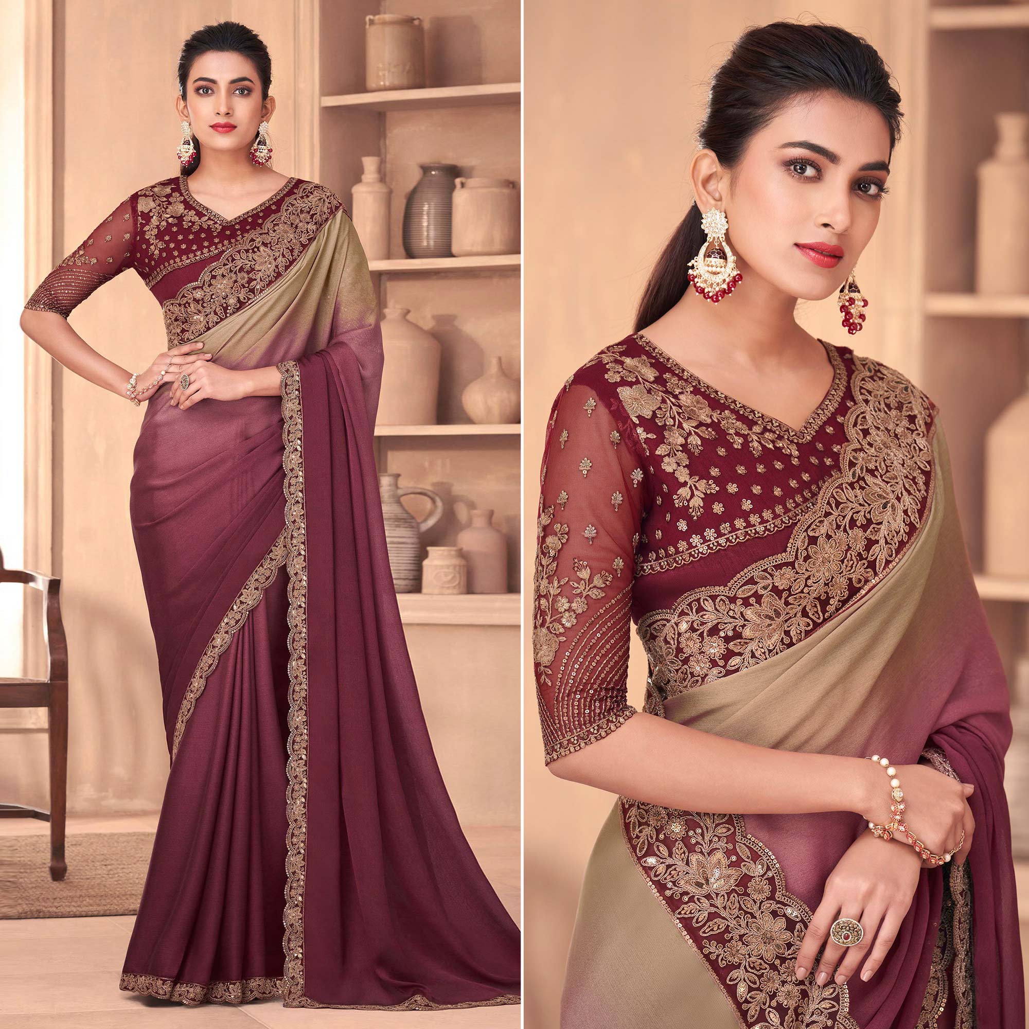 Wine & Brown Floral Embroidered Georgette Saree