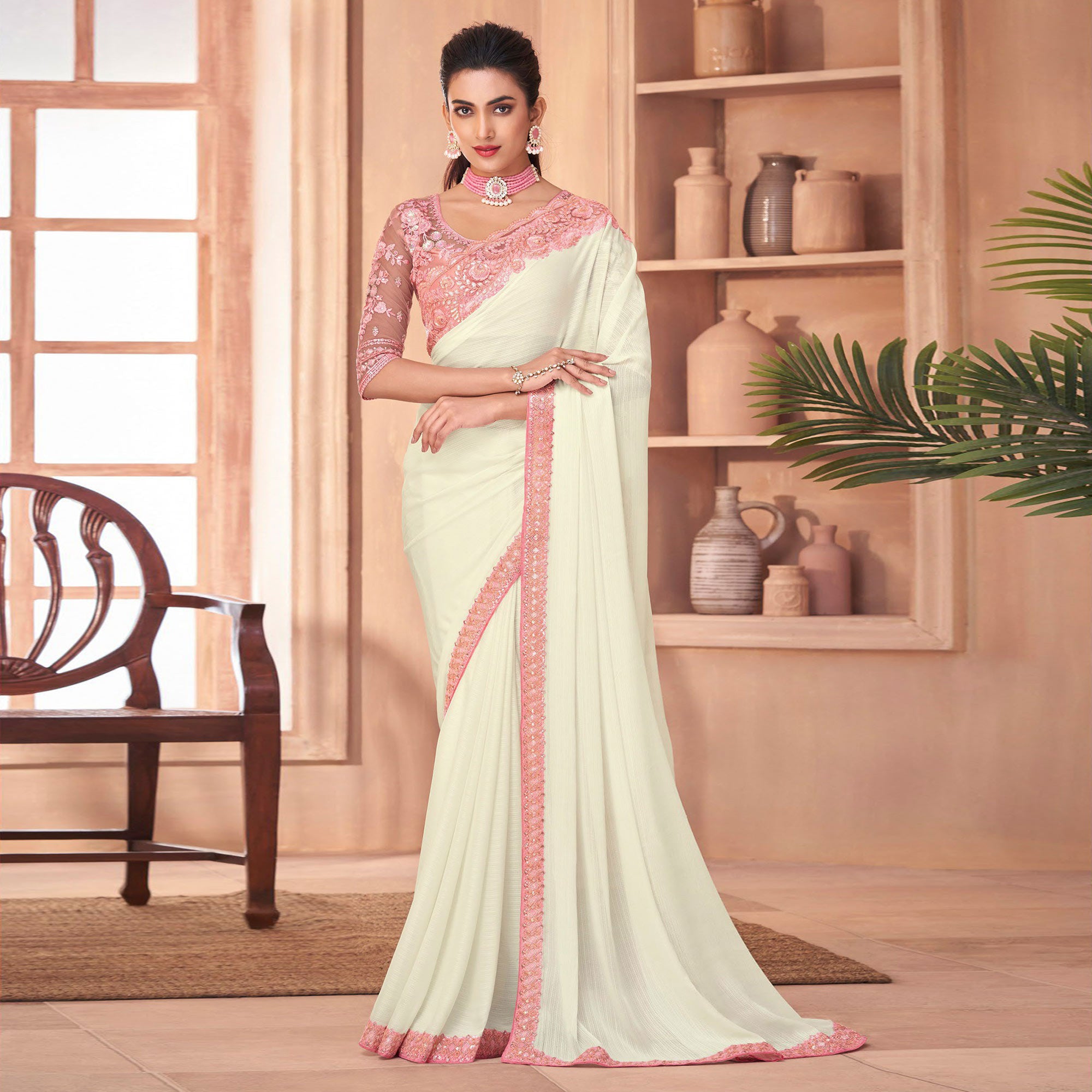 Off White Floral Embroidered Georgette Saree