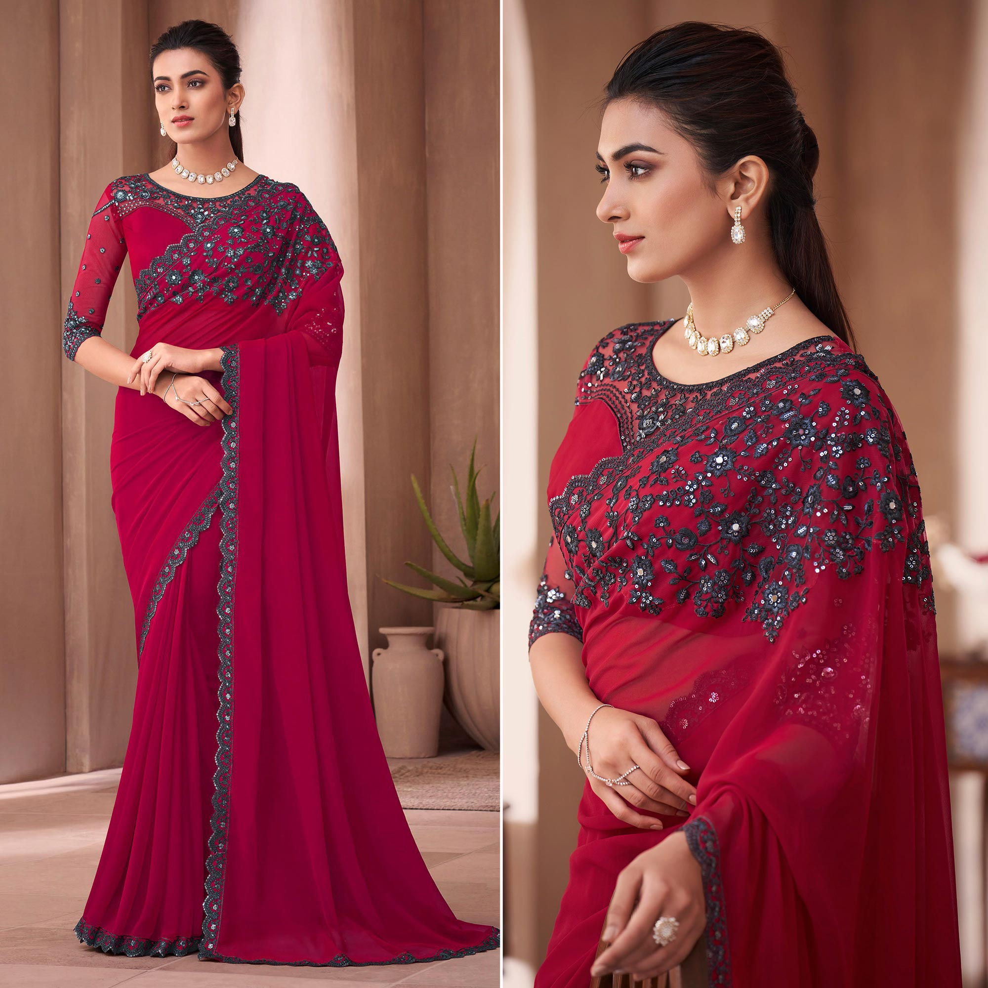 Pink Floral Embroidered Georgette Saree