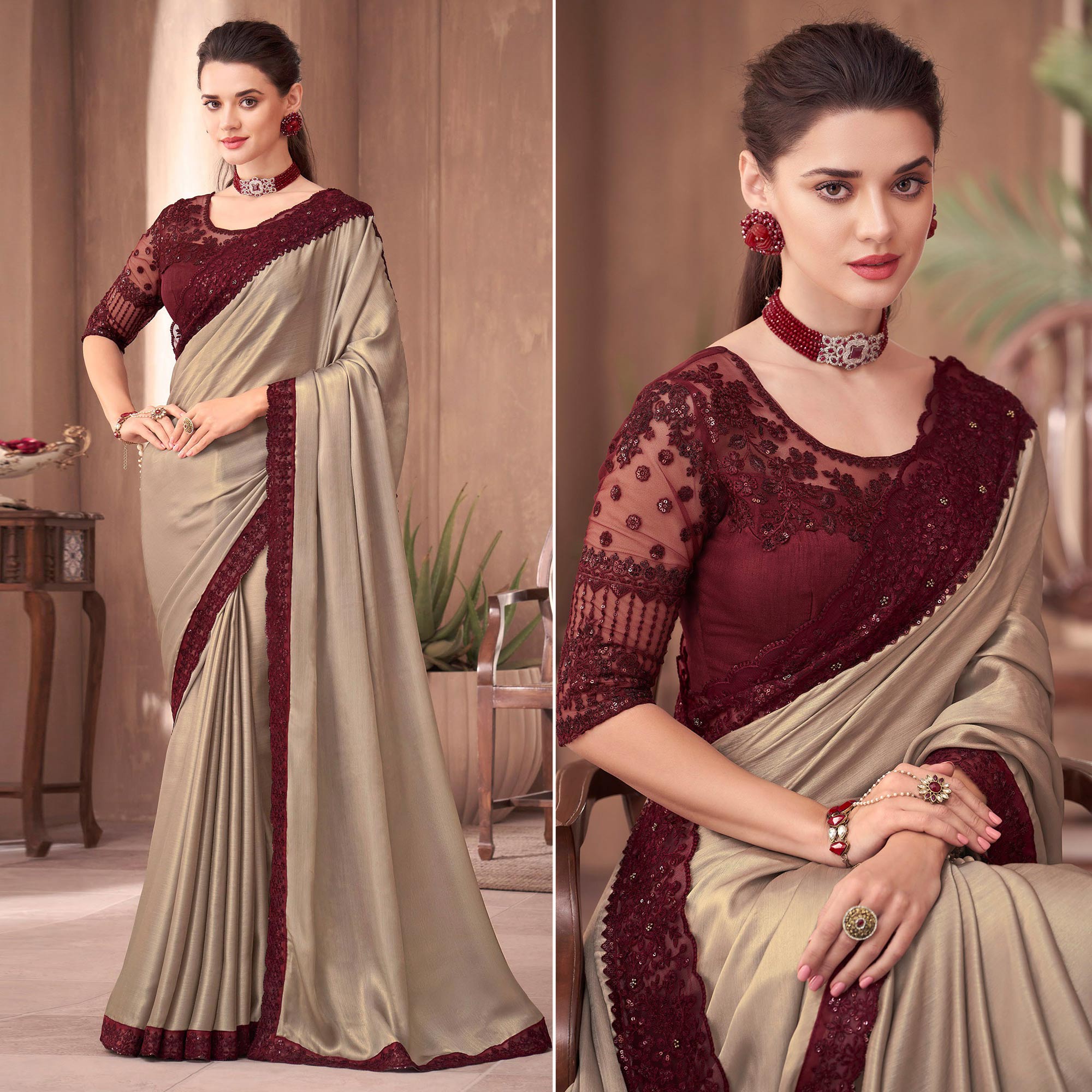 Light Brown Floral Embroidered Georgette Saree