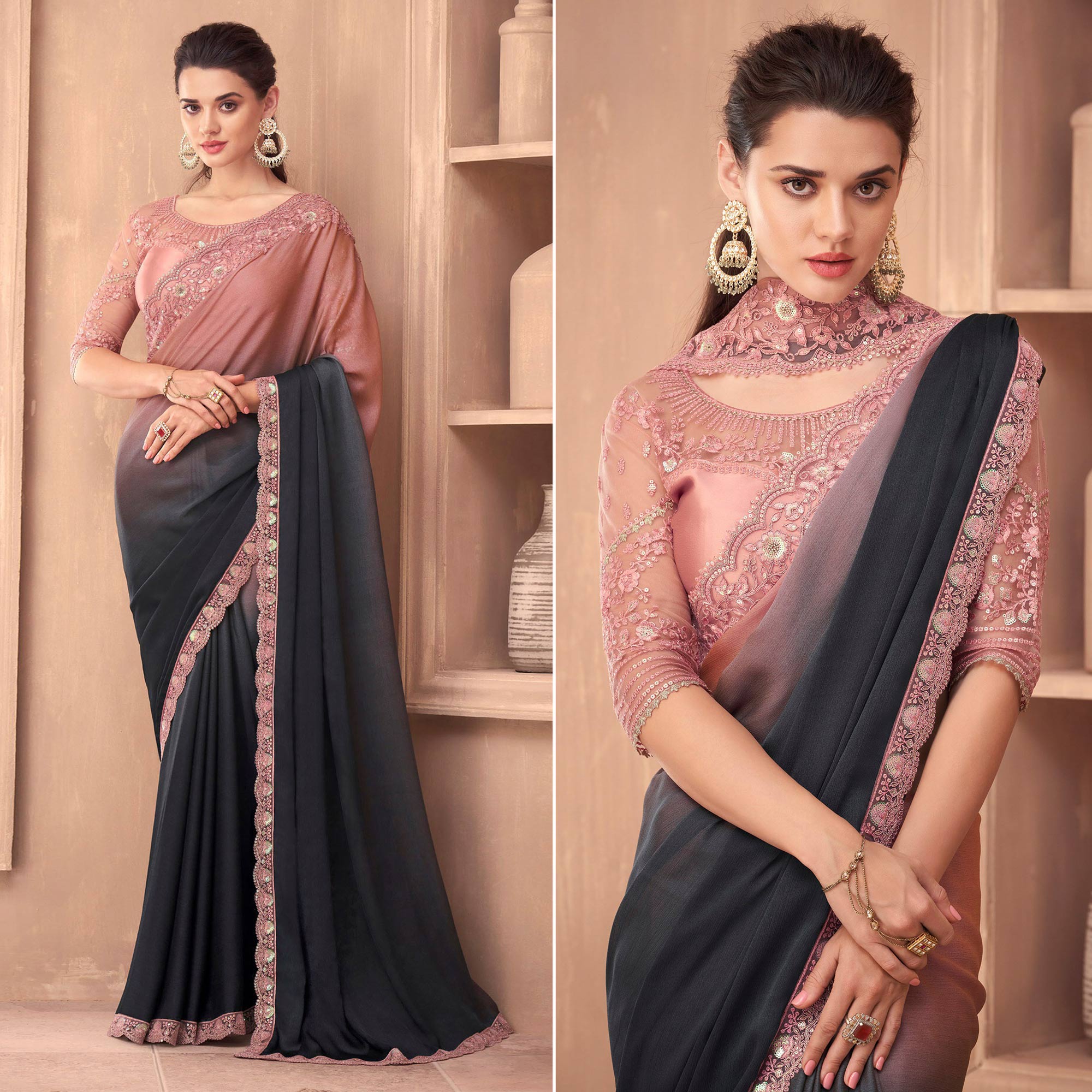 Grey & Pink Floral Embroidered Georgette Saree