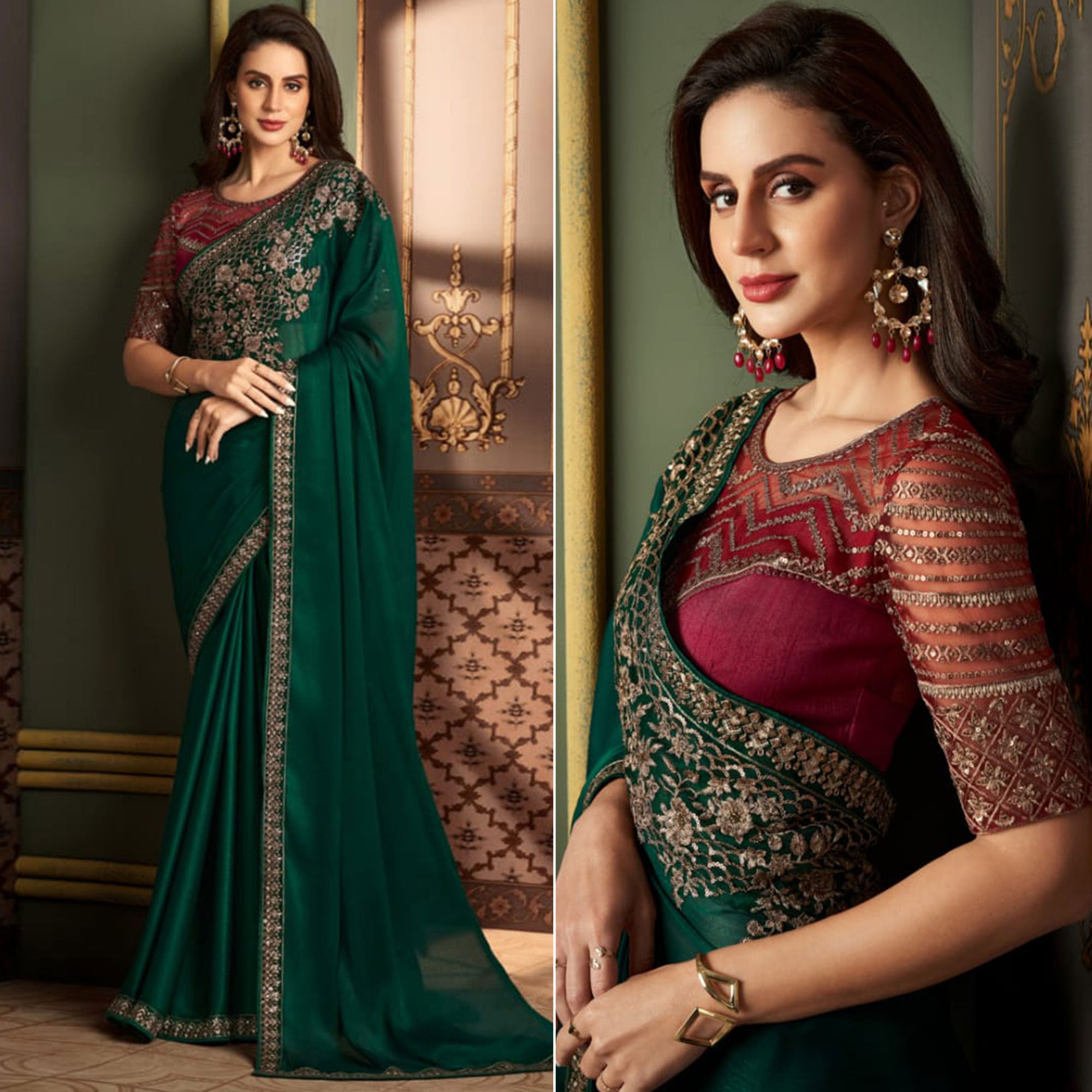 Bottle Green Floral Sequins Embroidered Satin Saree