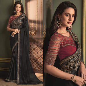Black Floral Sequins Embroidered Satin Saree