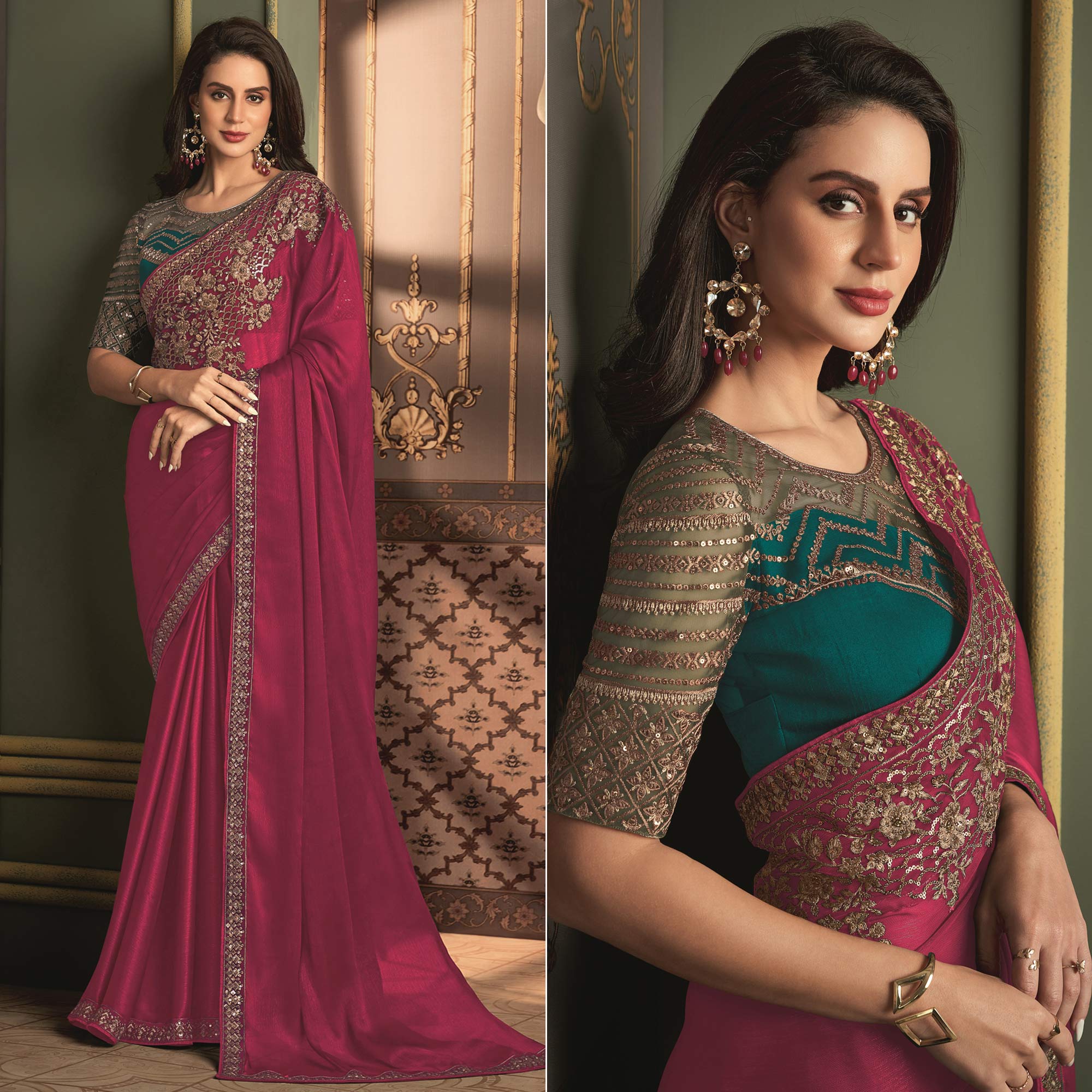 Pink Floral Sequins Embroidered Satin Saree