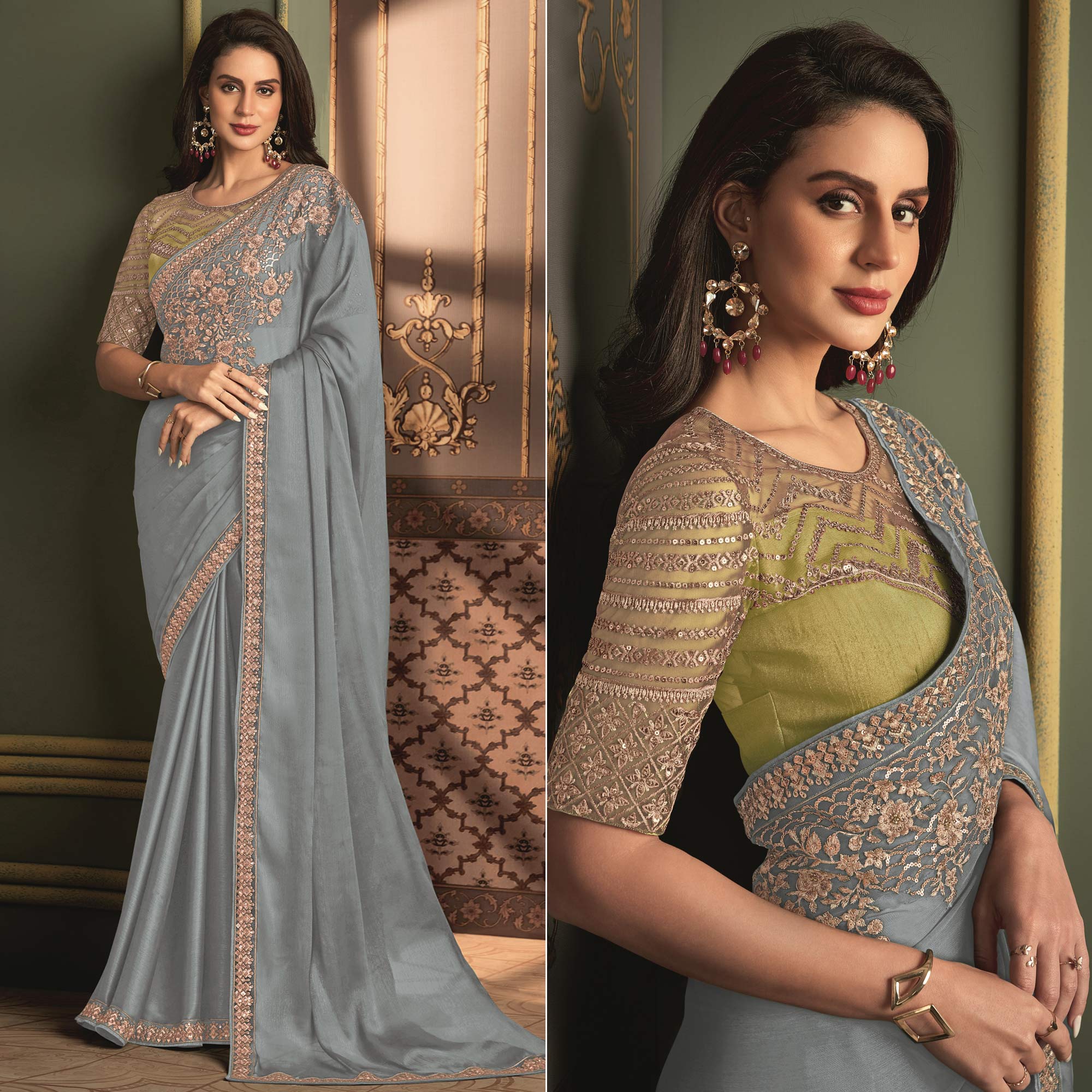 Bluish Grey Floral Sequins Embroidered Satin Saree