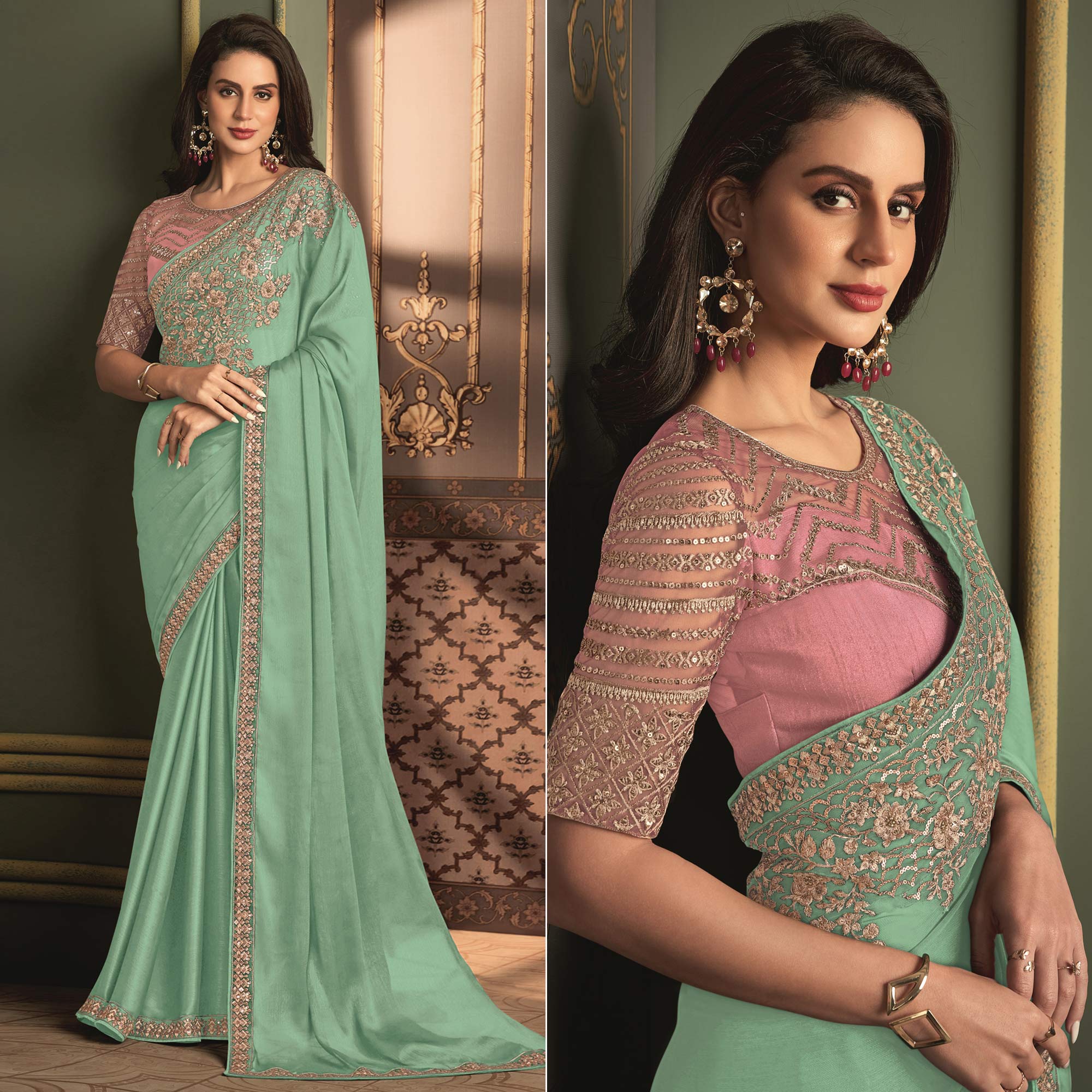 Sea Green Floral Sequins Embroidered Satin Saree