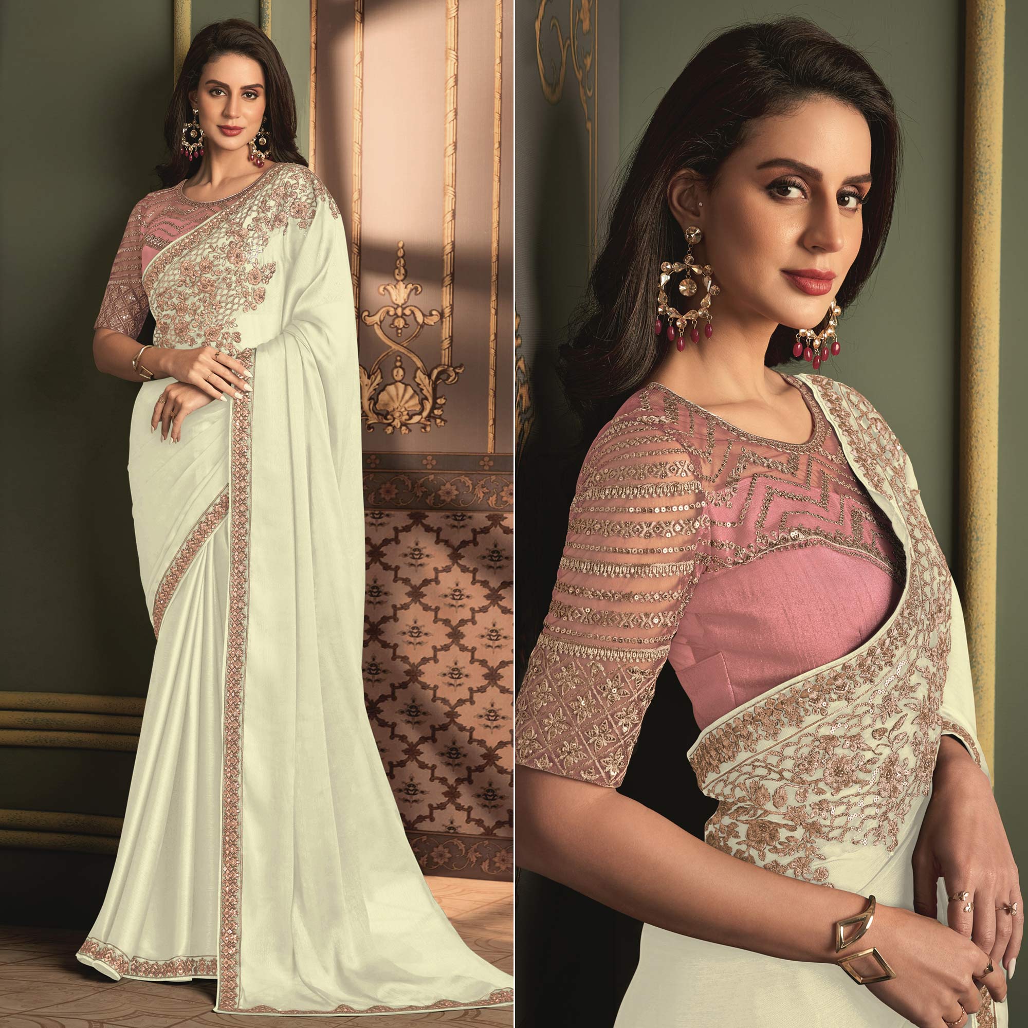 Offwhite Floral Sequins Embroidered Satin Saree