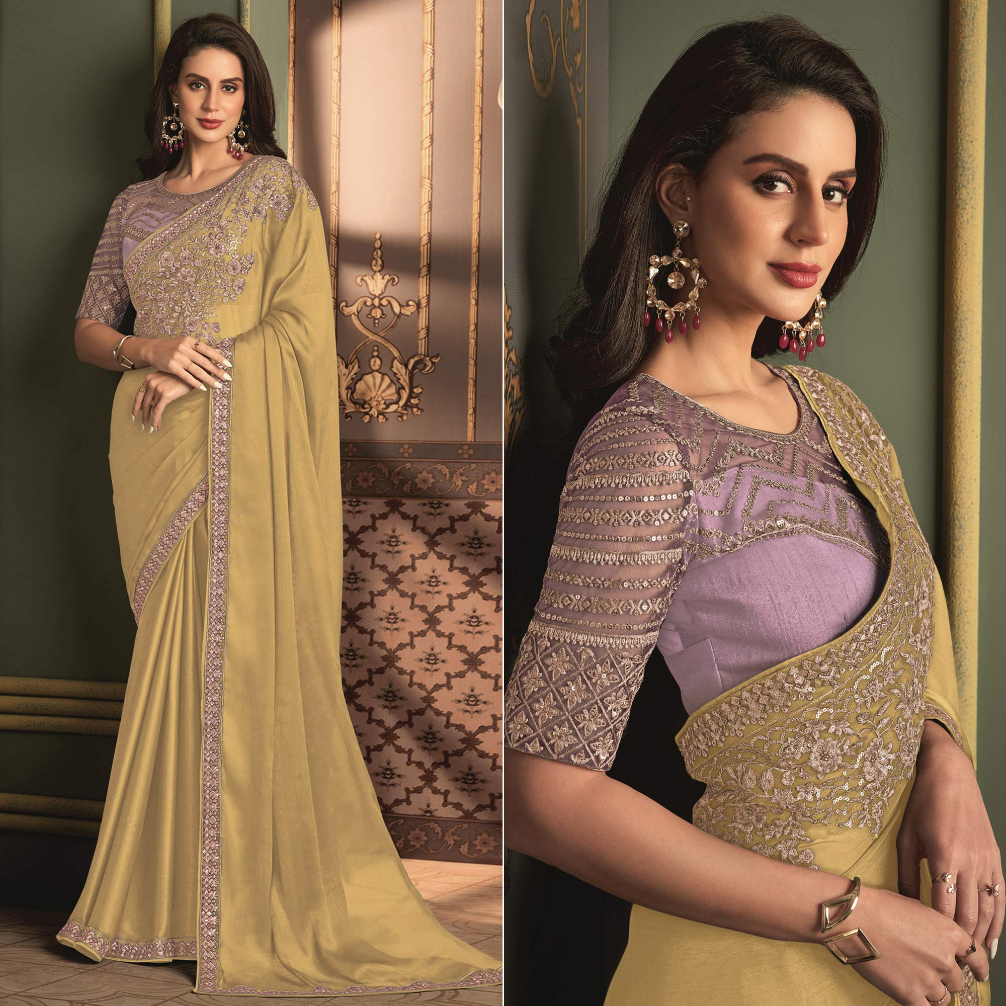 Mustard Floral Sequins Embroidered Satin Saree