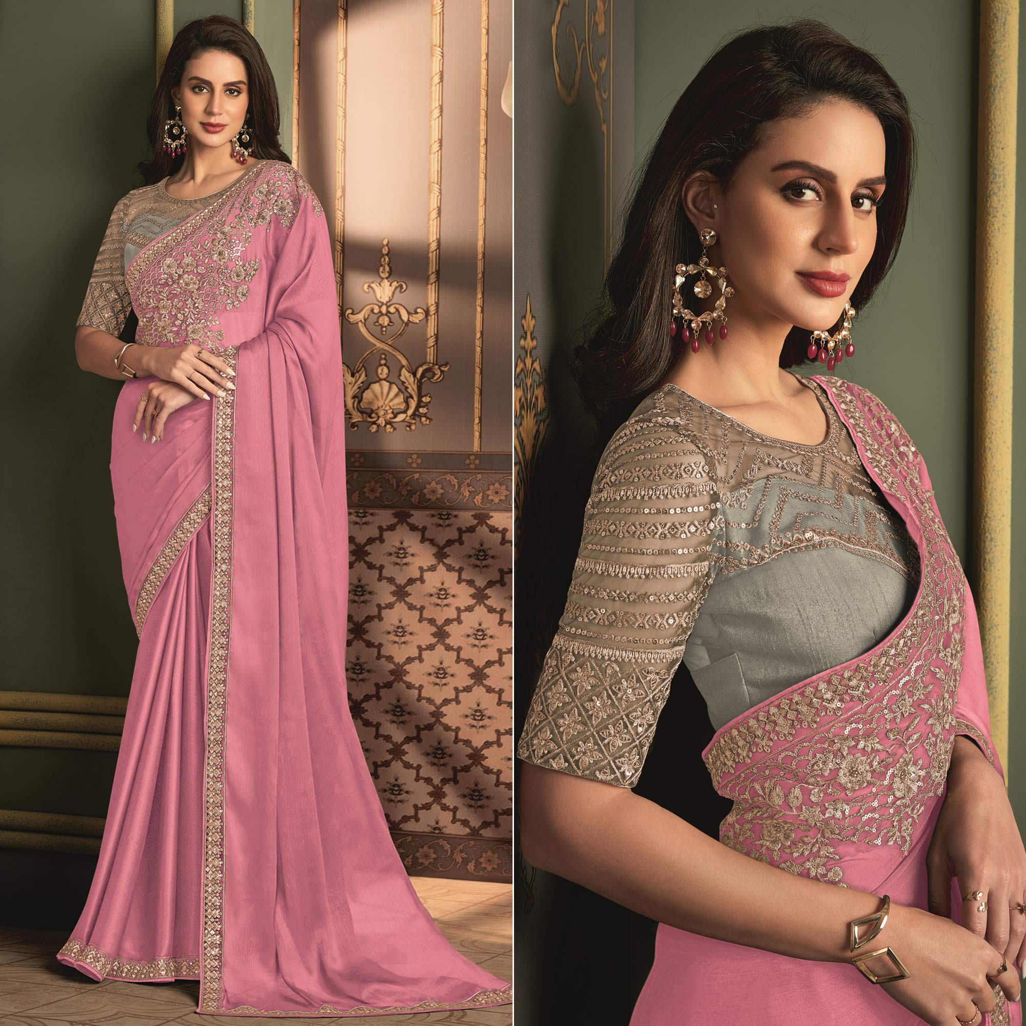 Pink Floral Sequins Embroidered Satin Saree