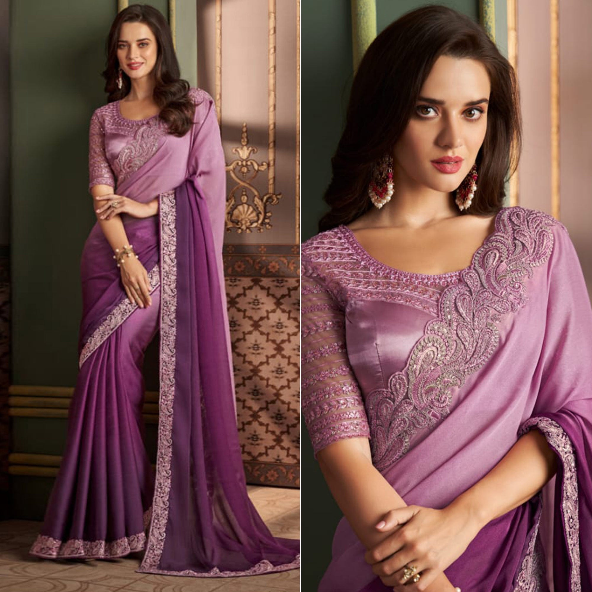 Purple & Lavender Embroidered Chiffon Ombre Saree