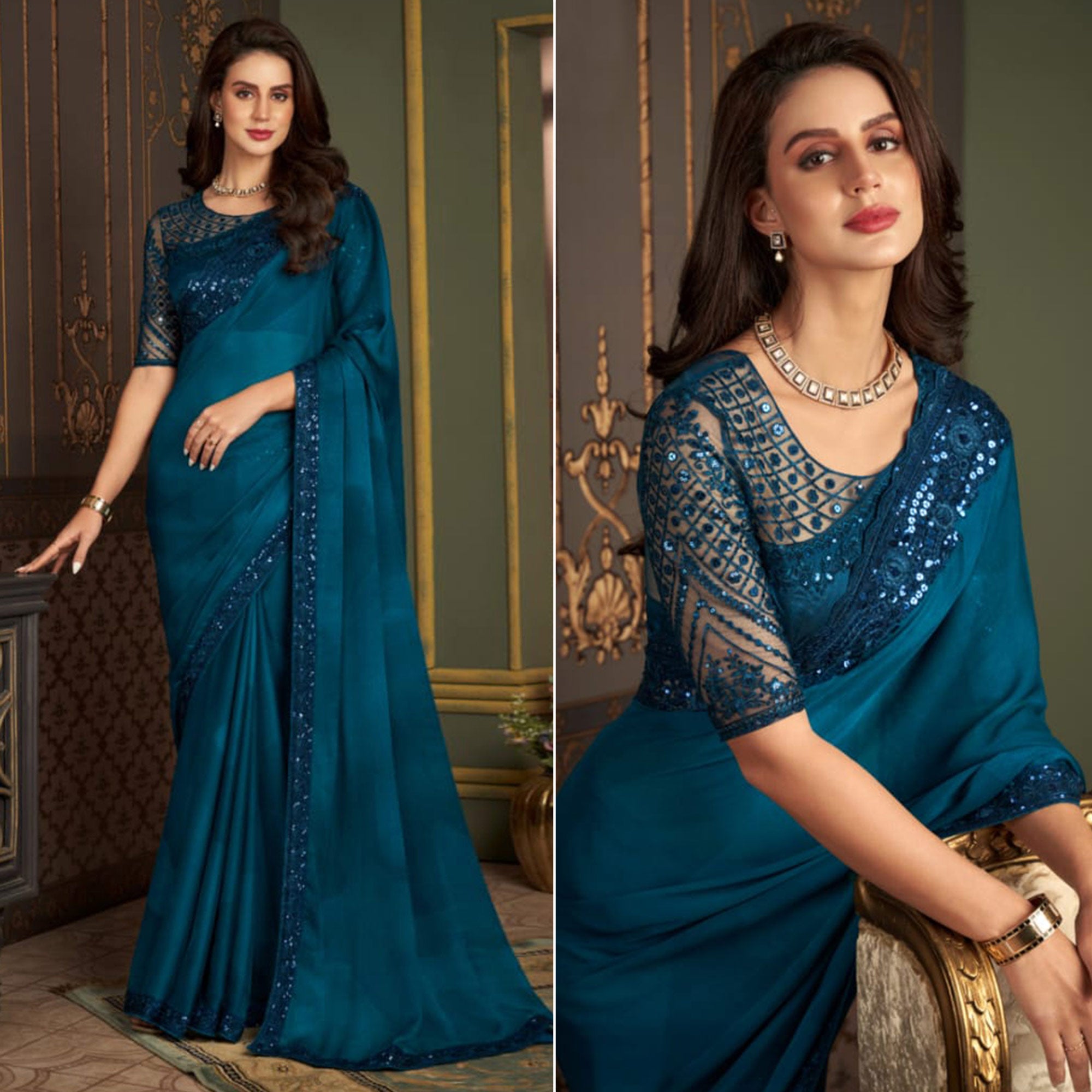 Teal Blue Embroidered Chiffon Saree