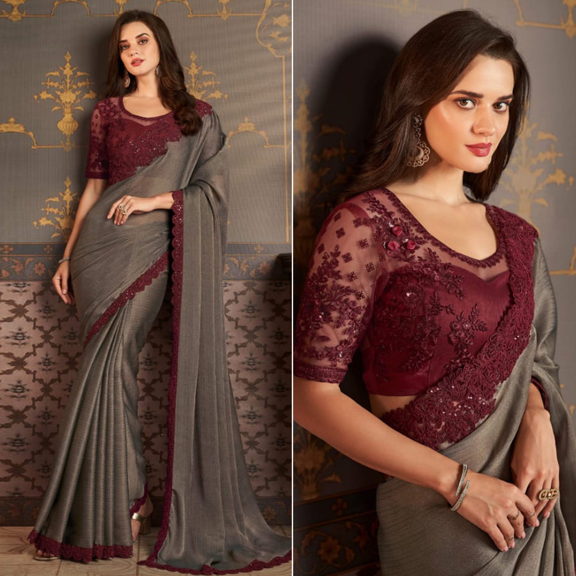 Dark Grey Embroidered Satin Saree