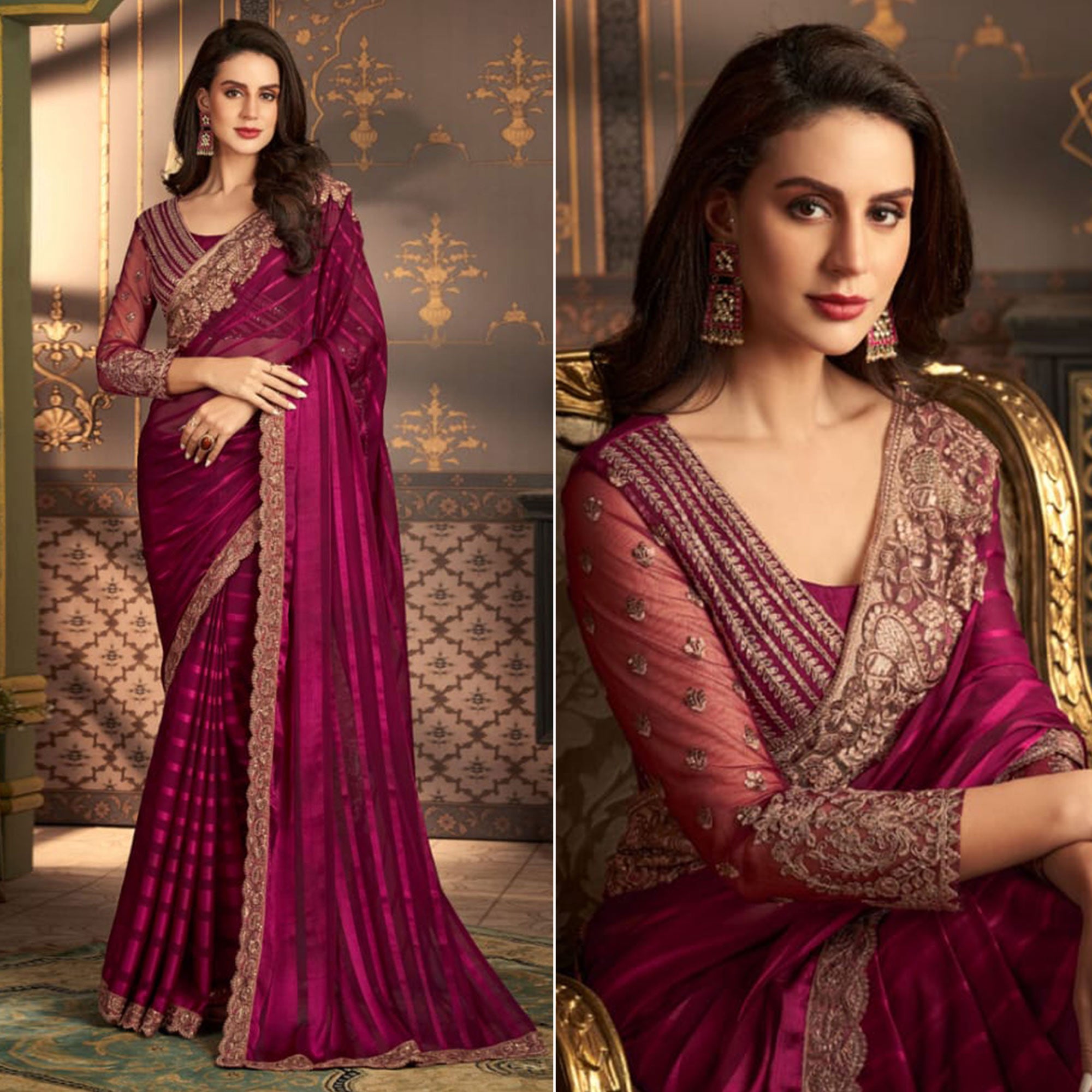 Magenta Embroidered Satin Saree