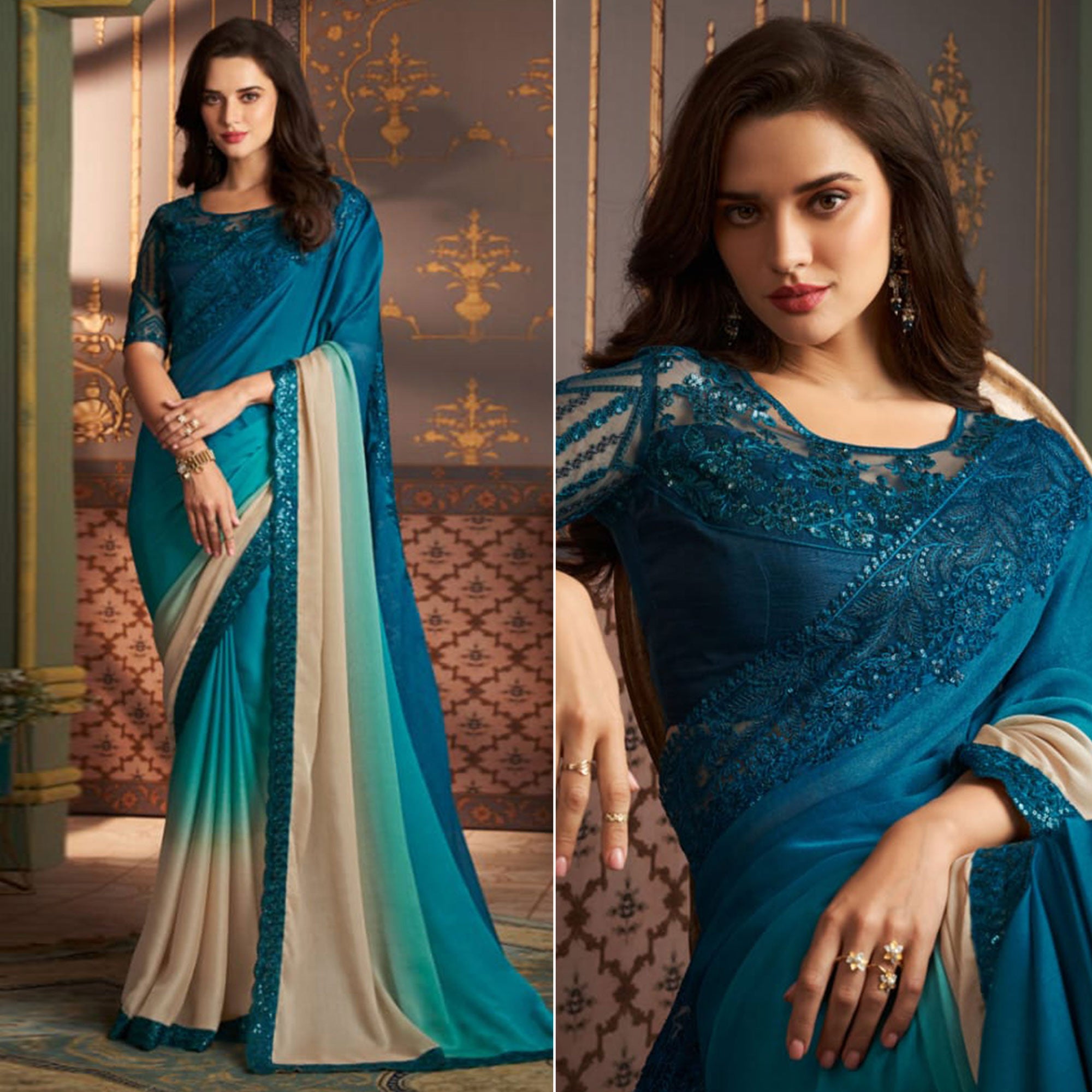 Teal Blue & Beige Embroidered Chiffon Ombre Saree