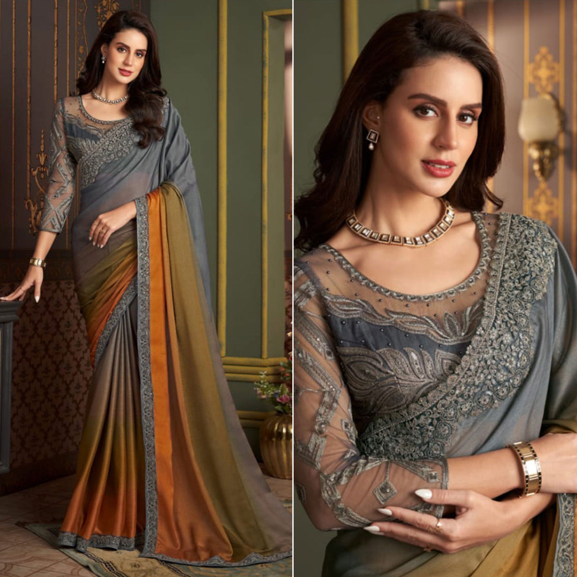 Grey & Mustard Embroidered Chiffon Ombre Saree