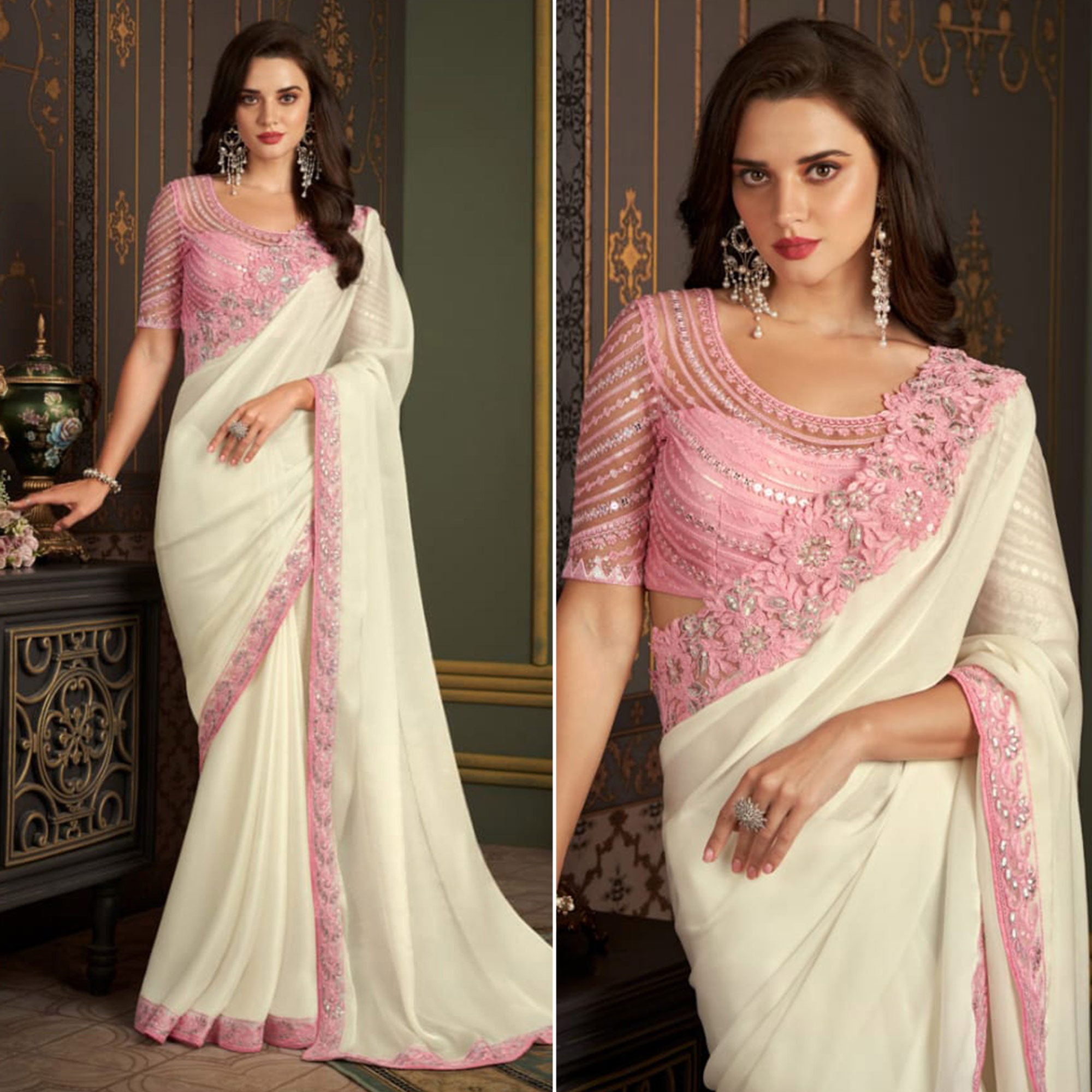 White Embroidered Satin Saree