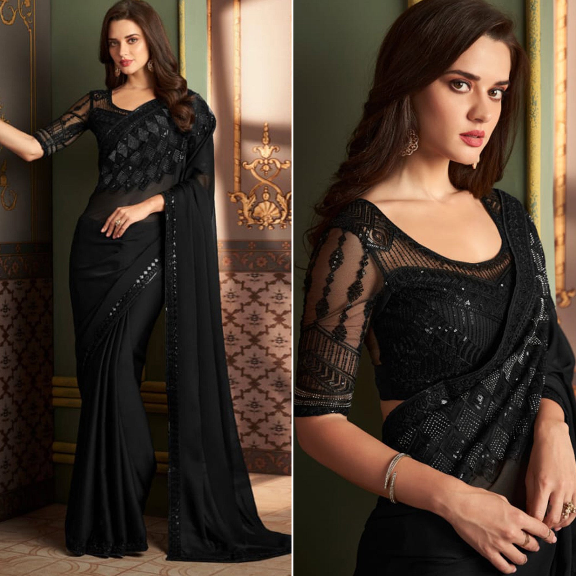 Black Embroidered Chiffon Saree