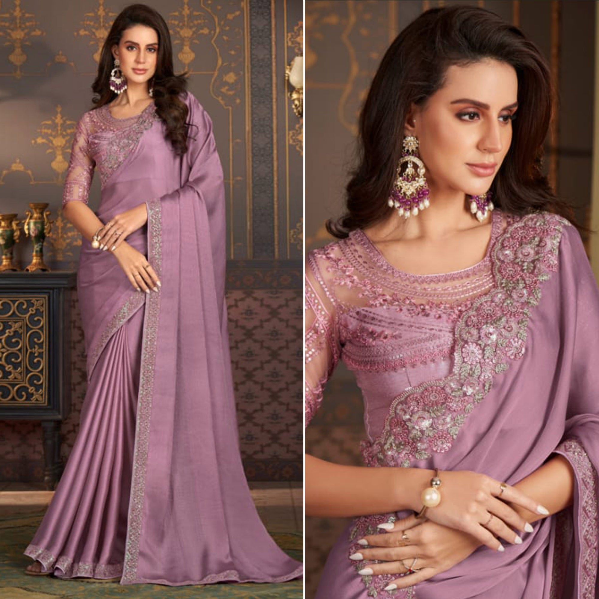 Mauve Embroidered Satin Saree