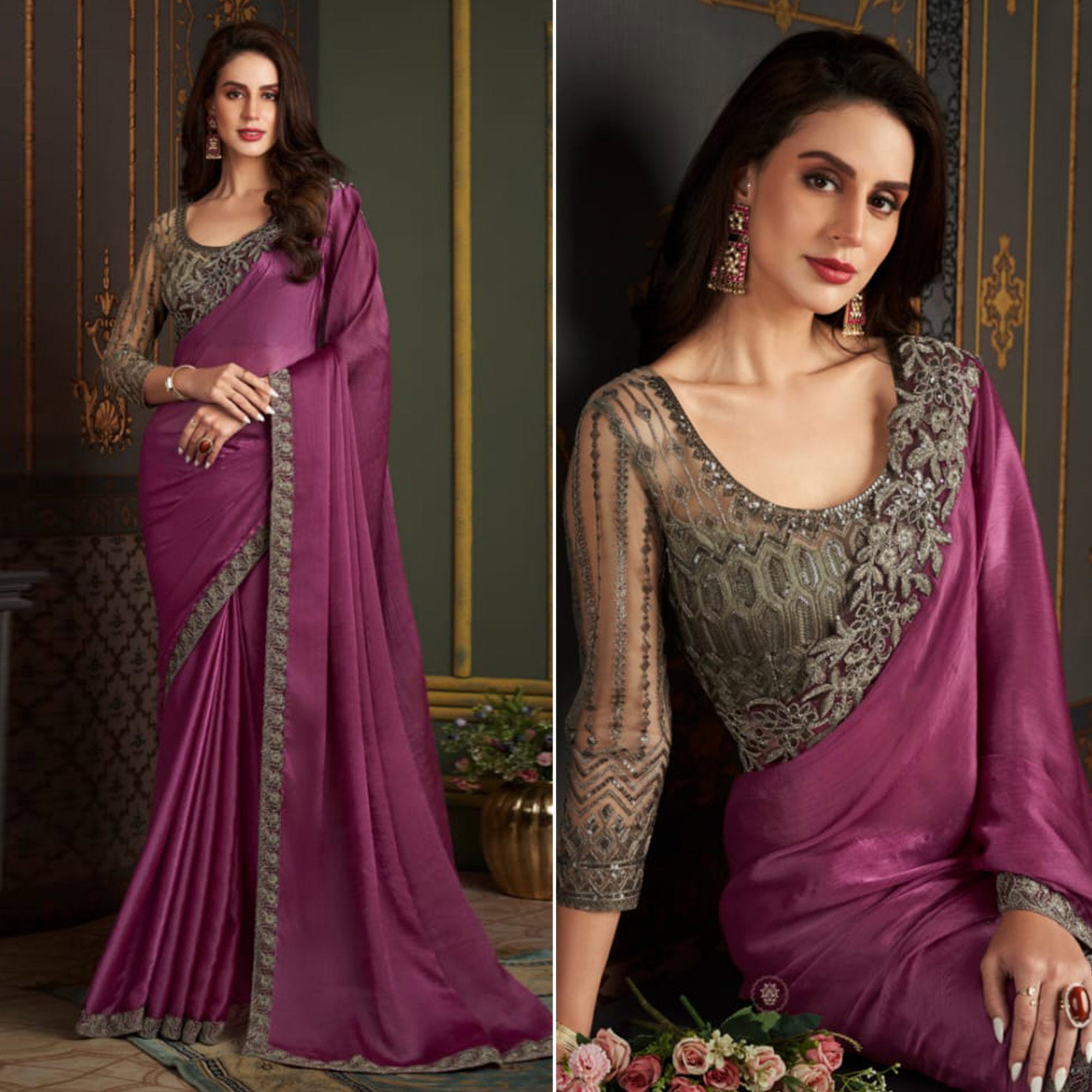 Purple Embroidered Satin Saree