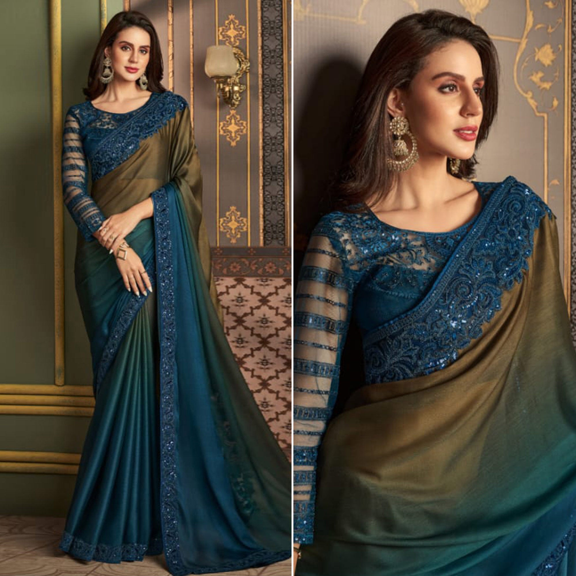 Teal Blue & olive Embroidered Satin Ombre Saree