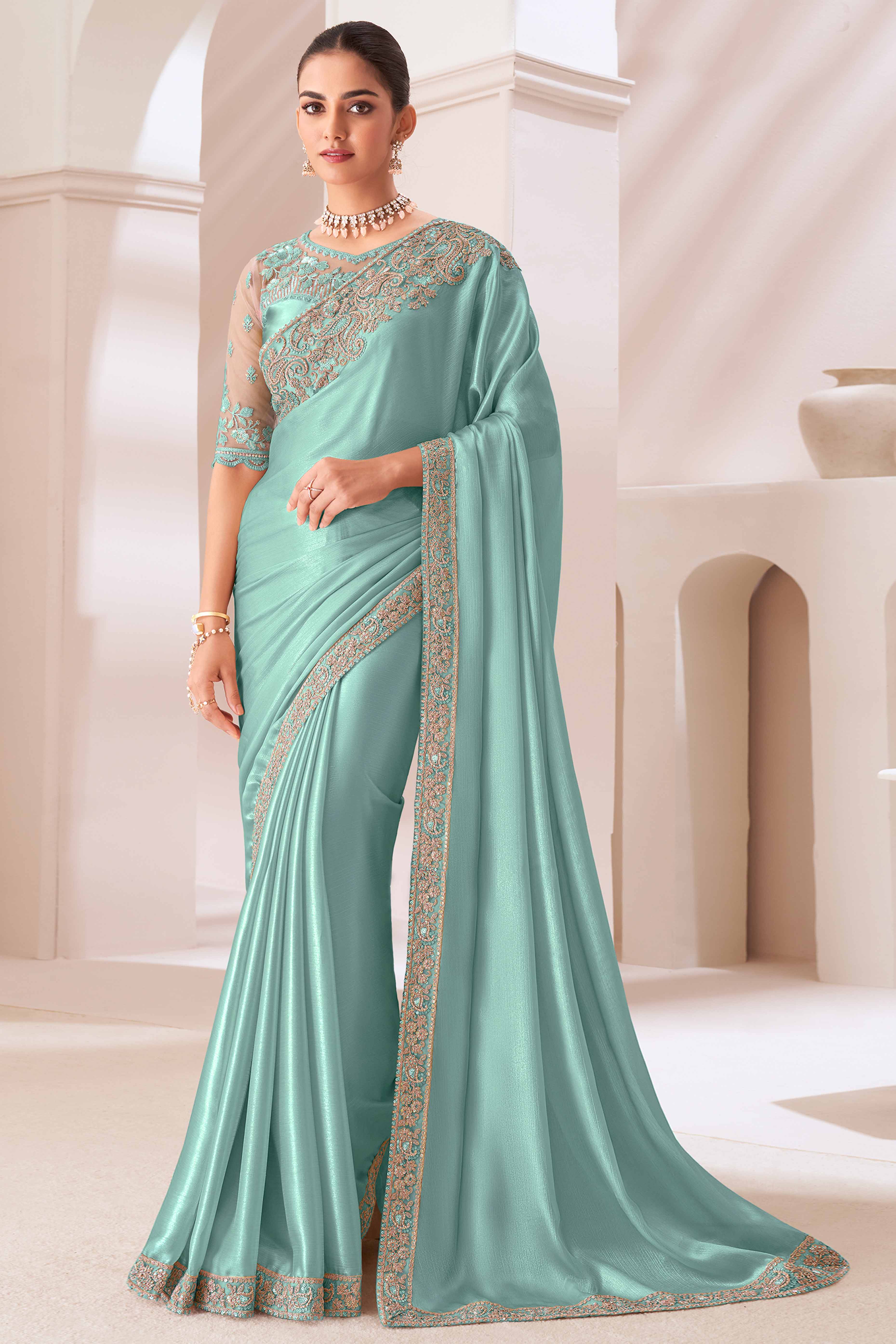 Turquoise Floral Sequins Embroidered Chiffon Saree