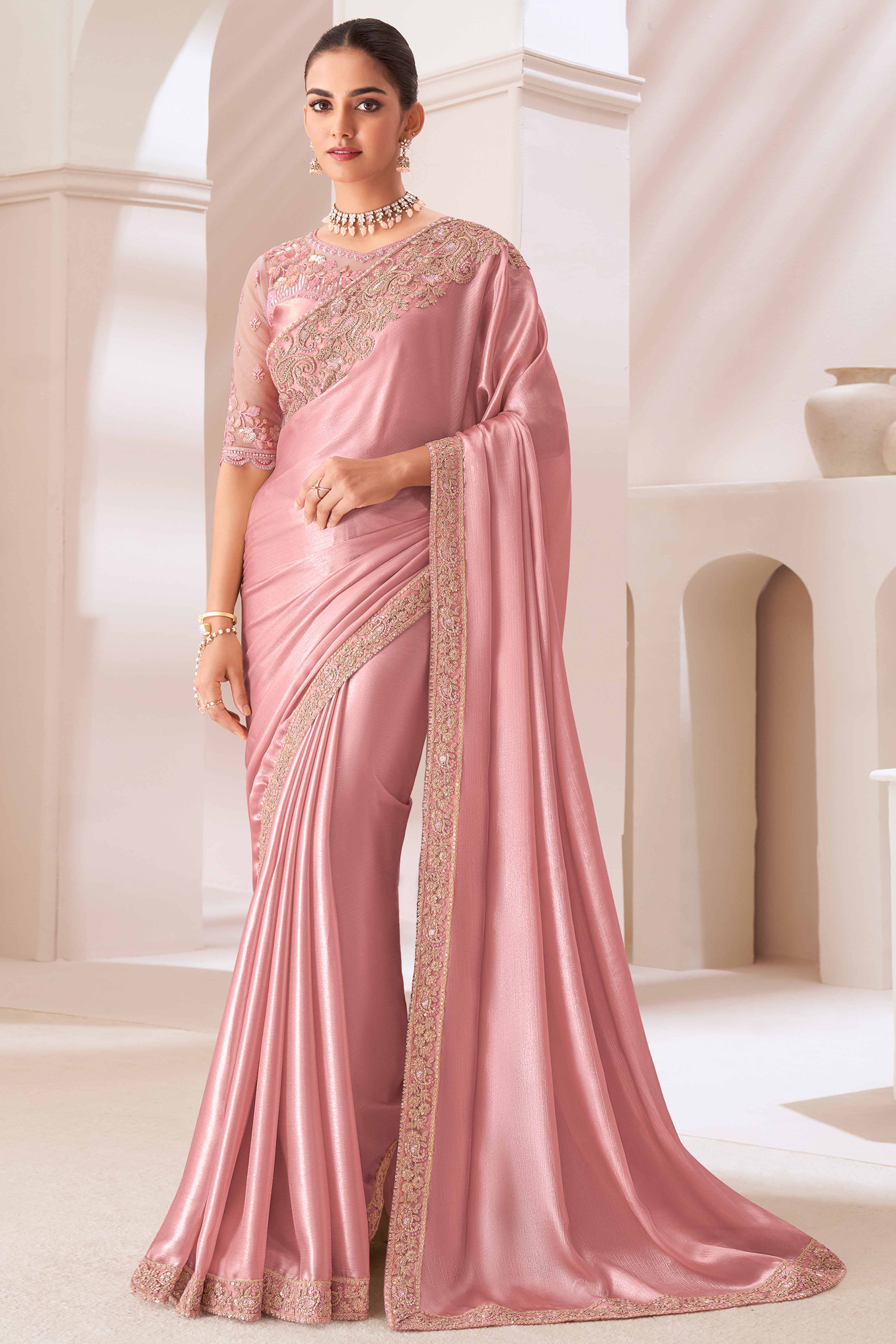 Peach Floral Sequins Embroidered Chiffon Saree