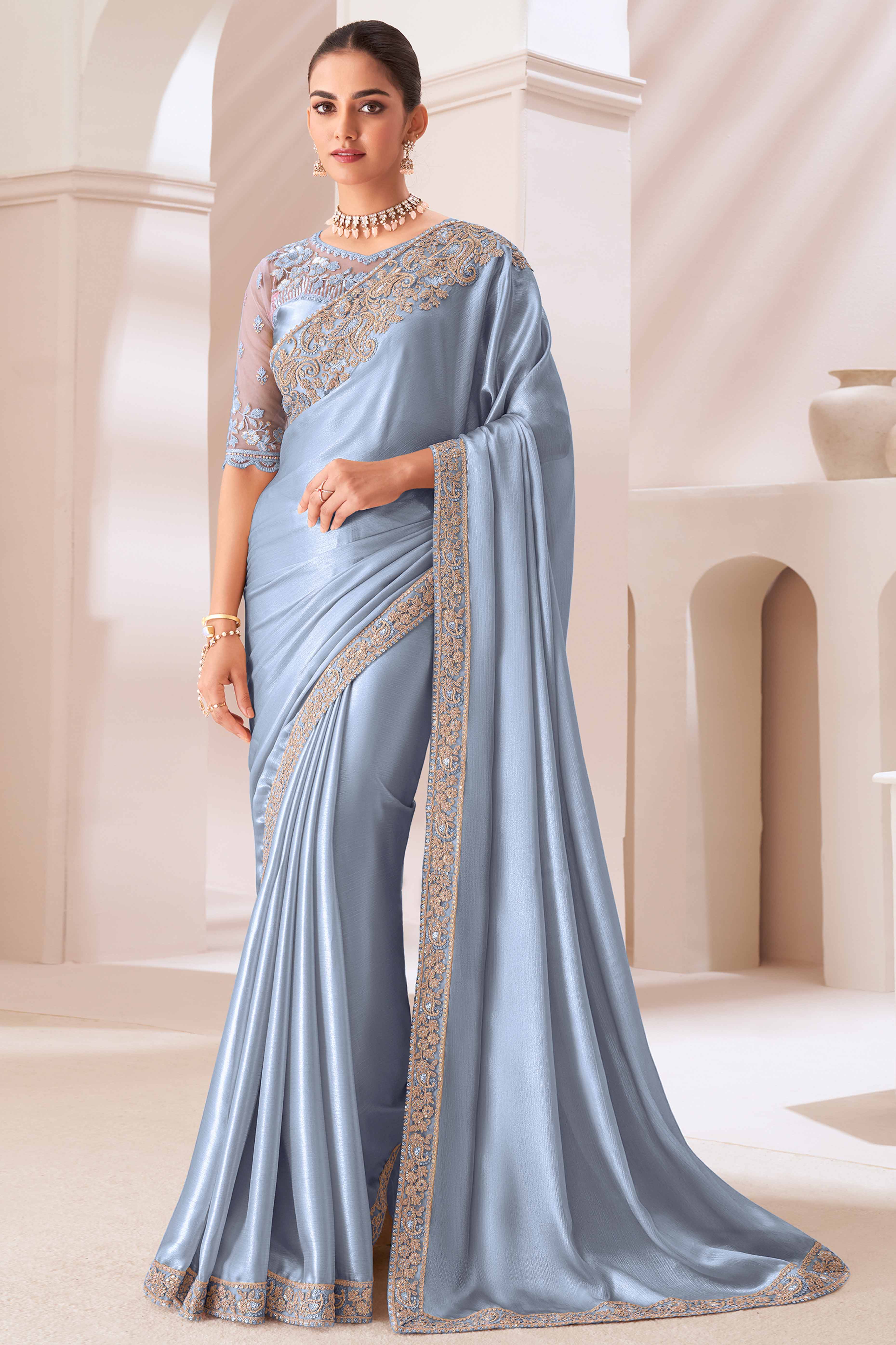 Grey Floral Sequins Embroidered Chiffon Saree