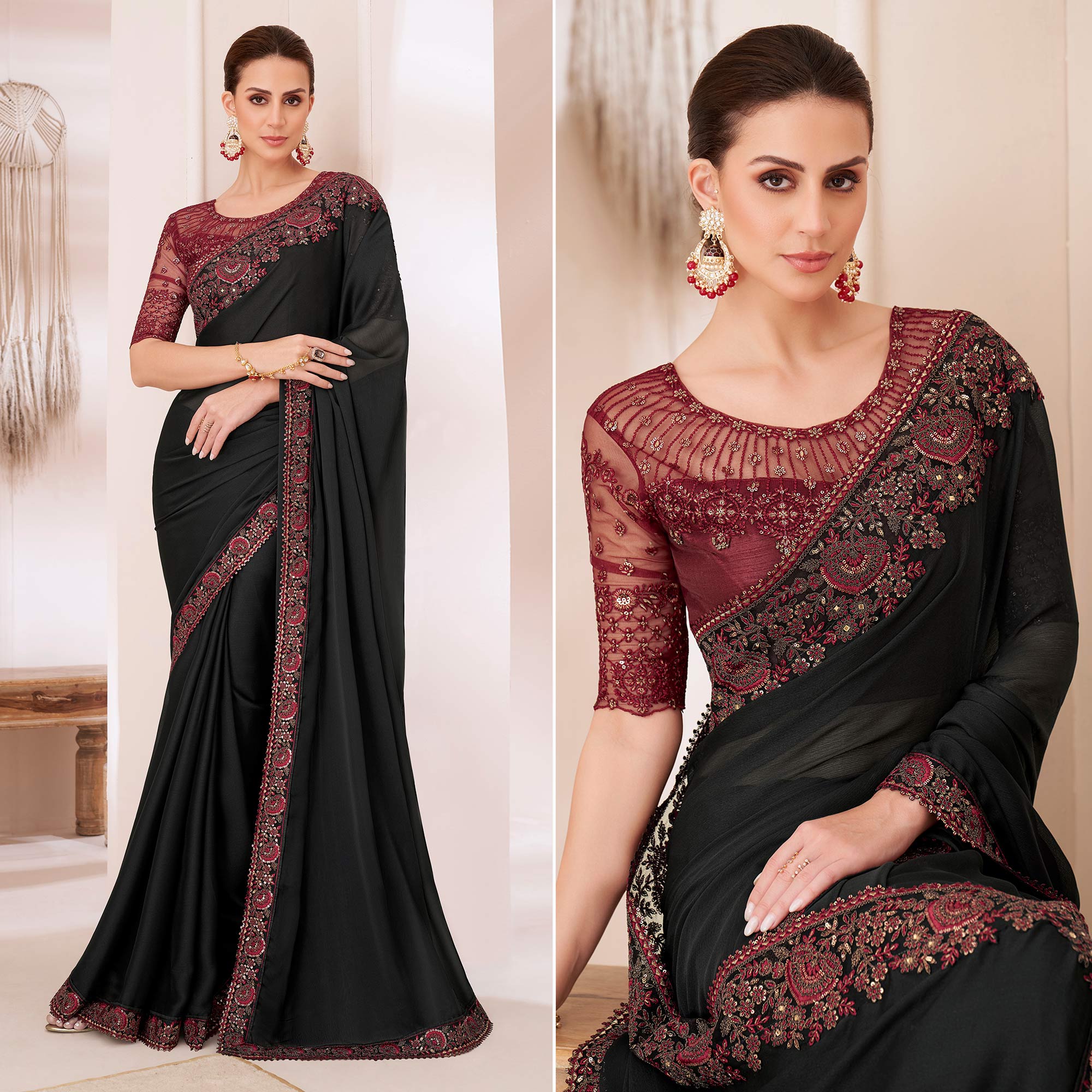 Black Embroidered Chiffon Saree