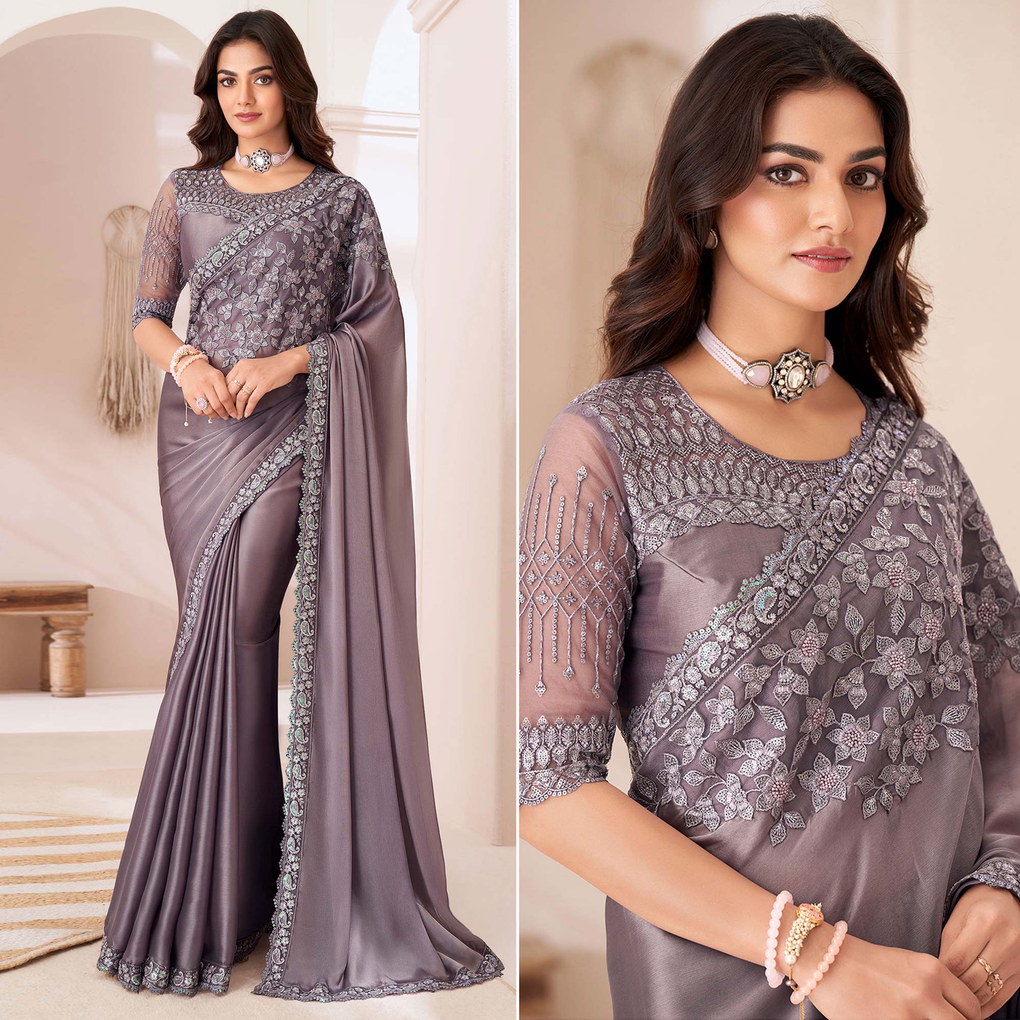 Dark Mauve Embroidered Satin Saree