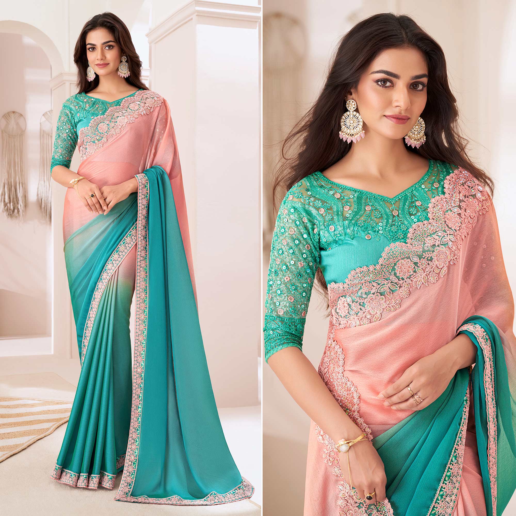 Peach & Turquoise Embroidered Chiffon Saree