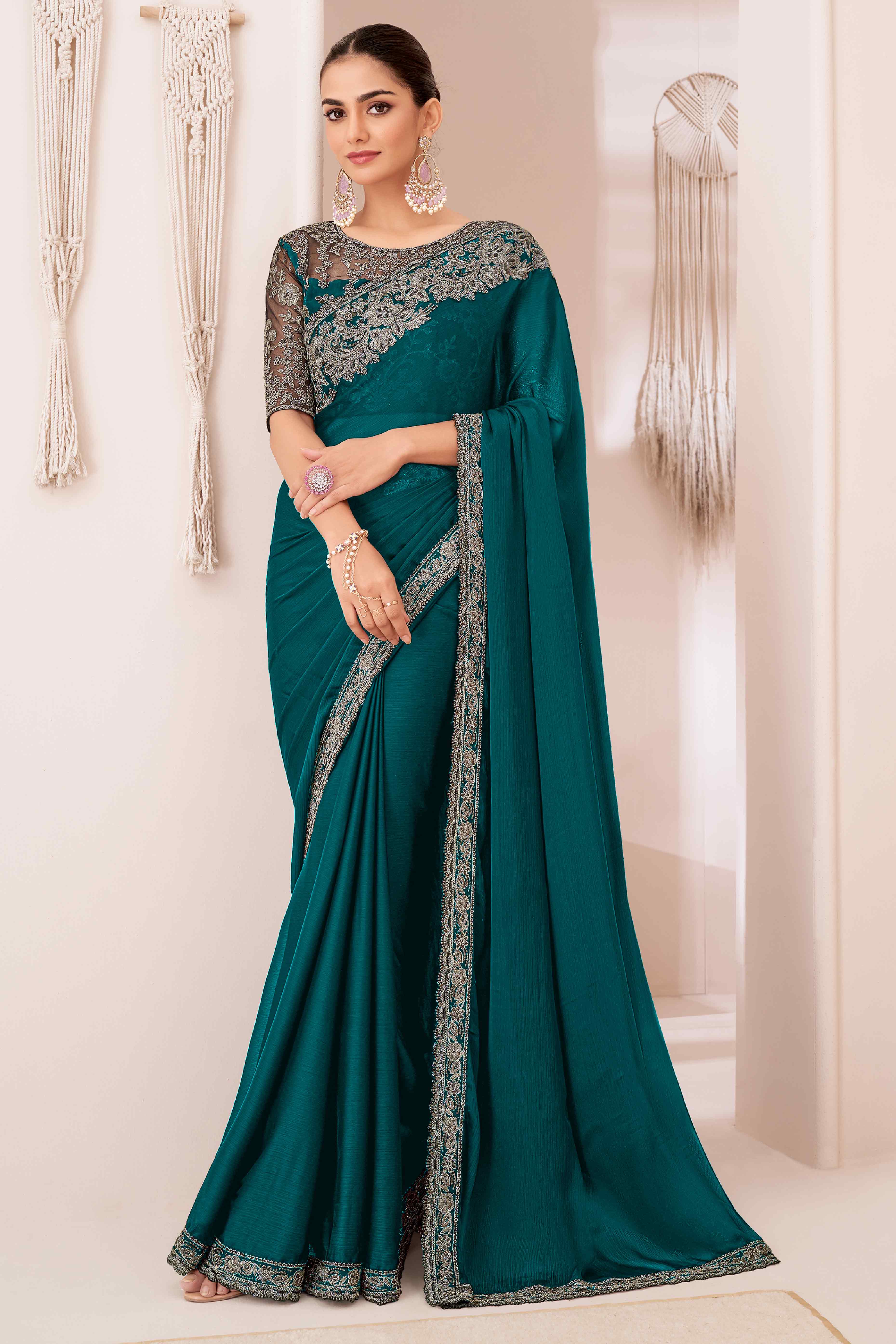 Green Floral Sequins Embroidered Georgette Saree