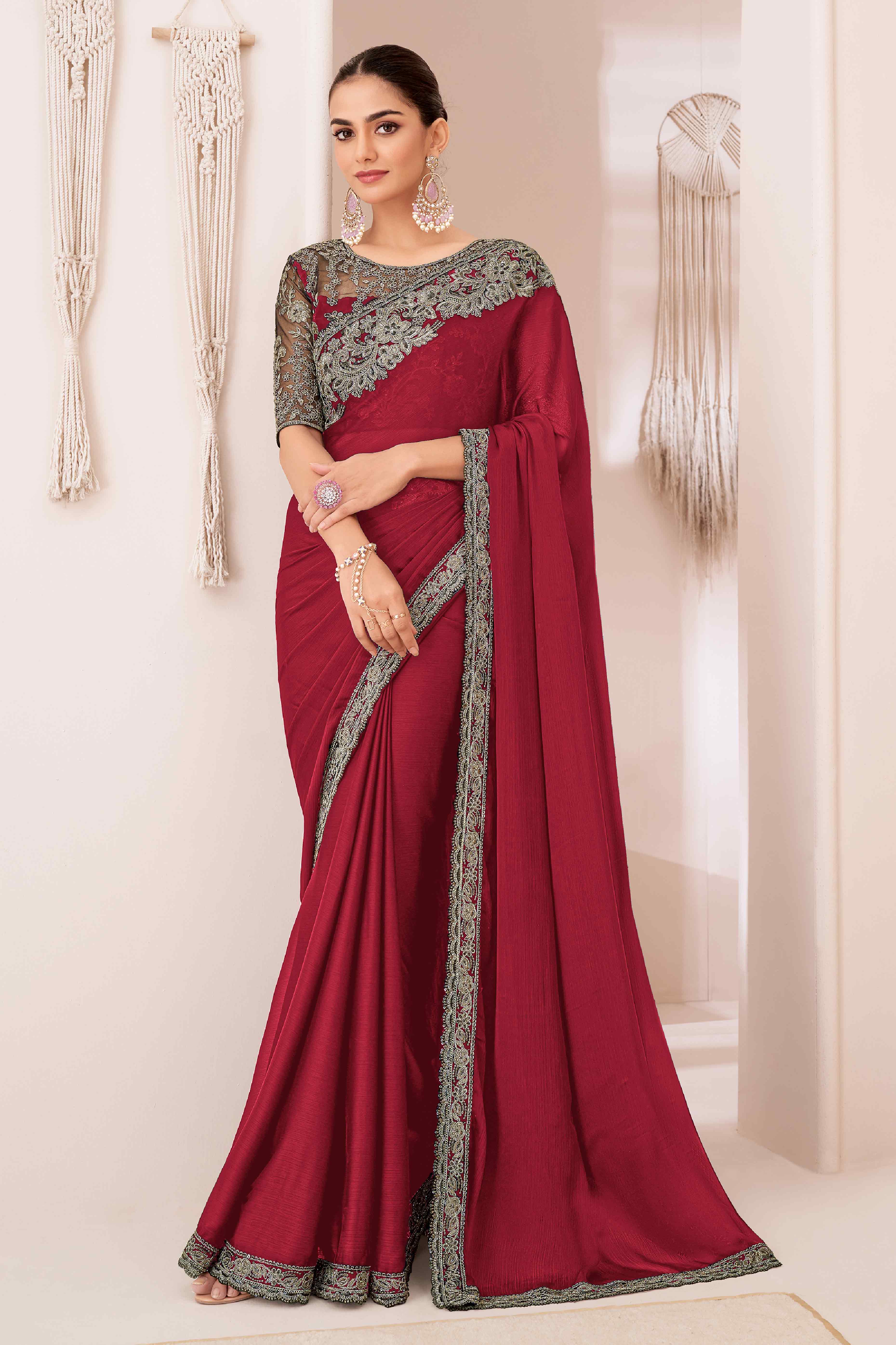 Red Floral Sequins Embroidered Georgette Saree