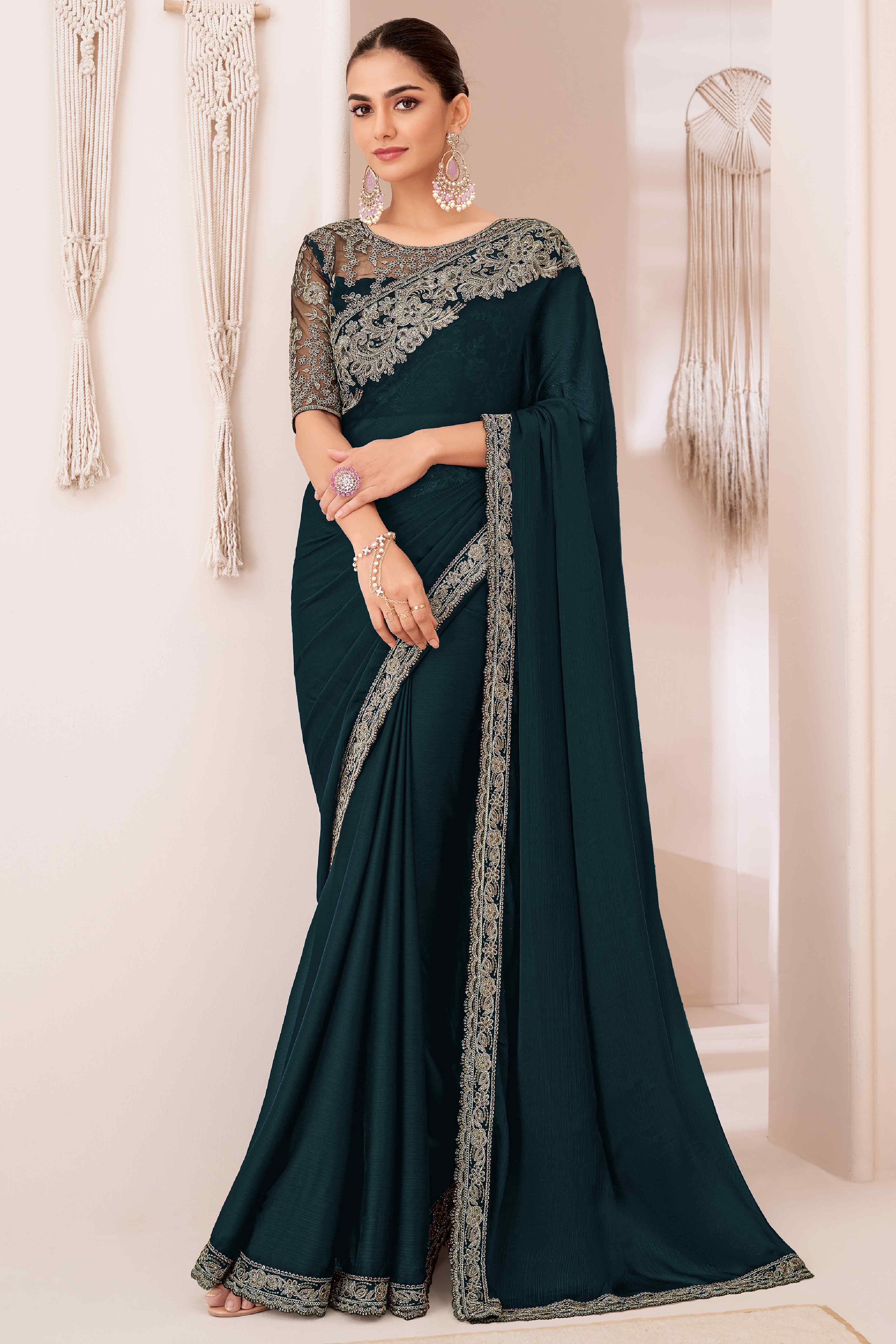 Teal Floral Sequins Embroidered Georgette Saree