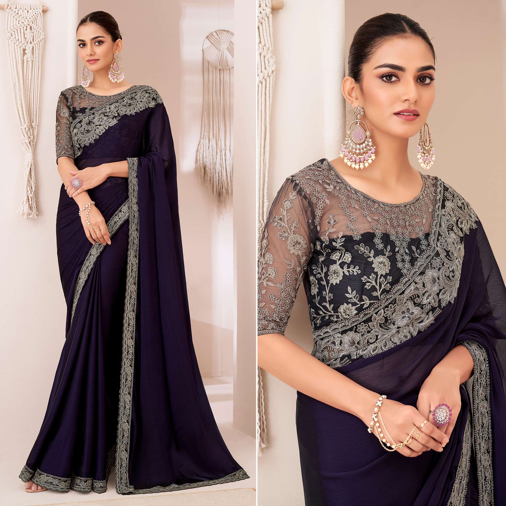 Navy Blue Embroidered Georgette Saree