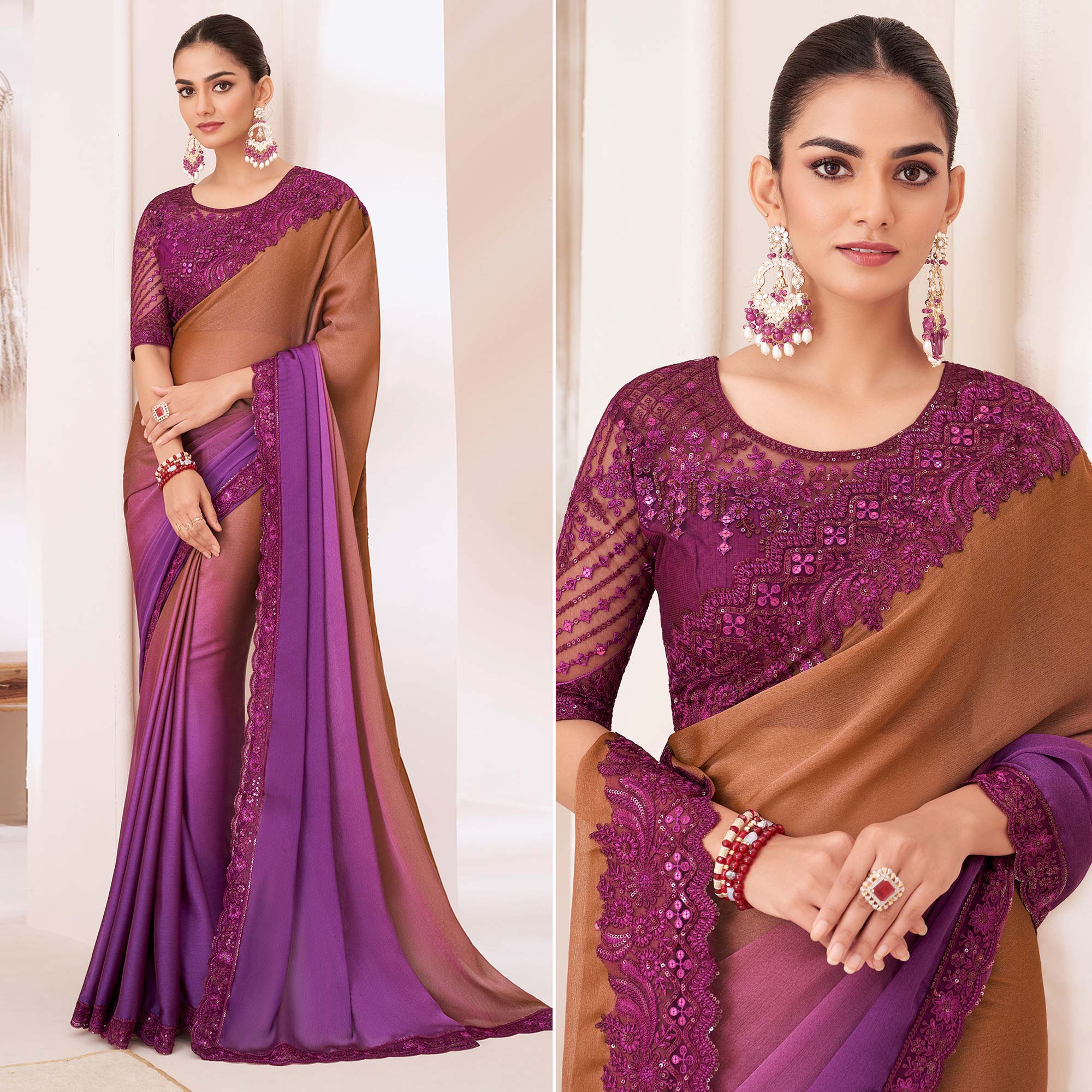 Brown & Purple Embroidered Chiffon Saree