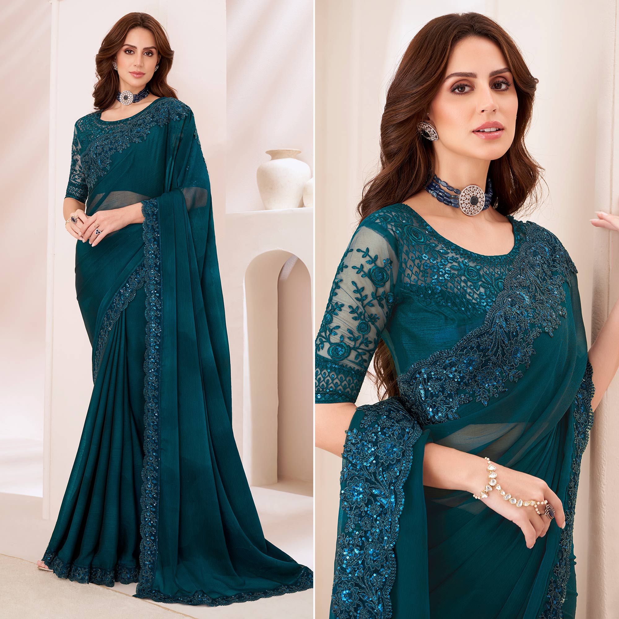 Morpich Blue Embroidered Chiffon Saree