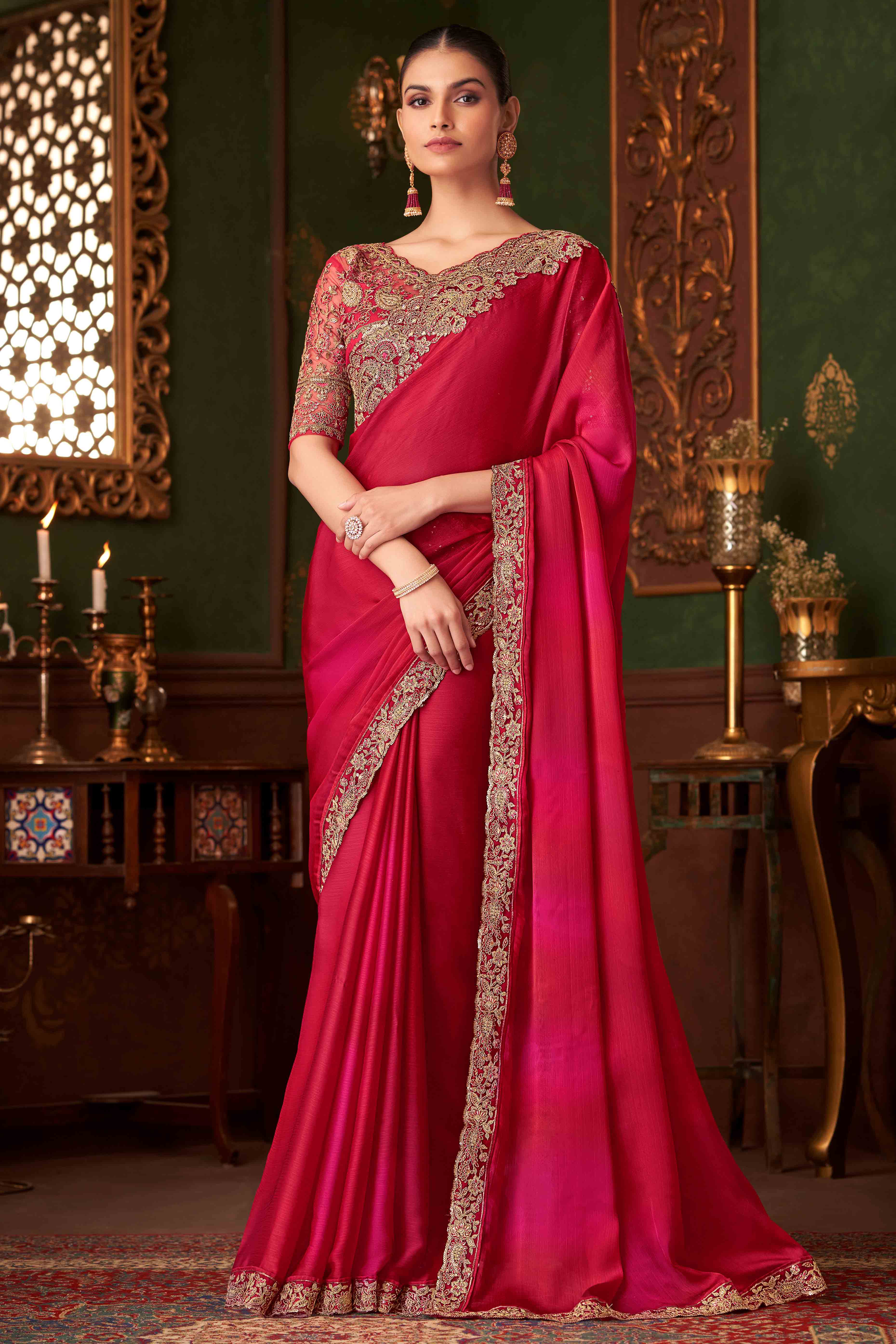 Pink Sequins Embroidered Chiffon Saree