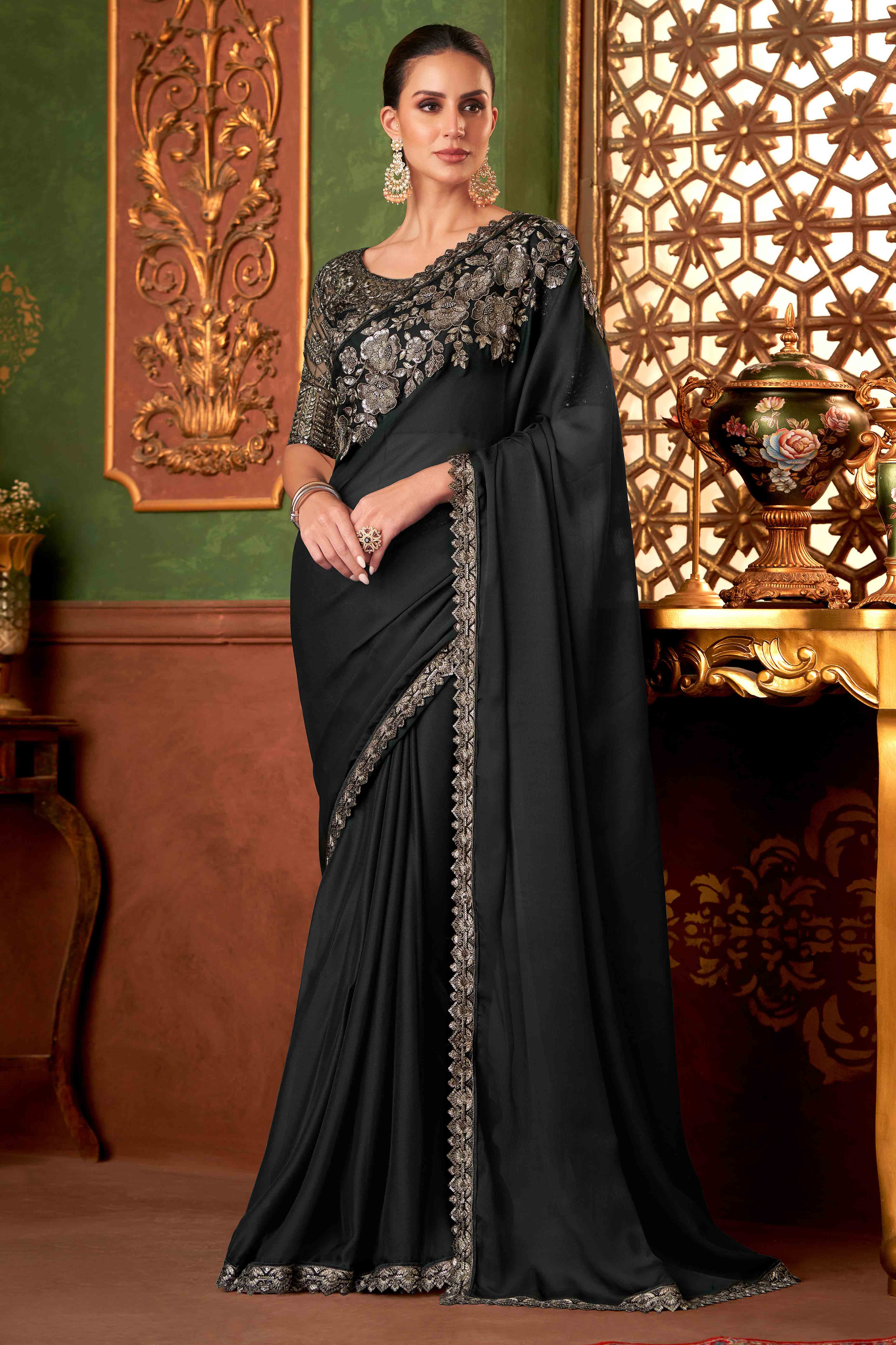 Black Sequins Embroidered Chiffon Saree