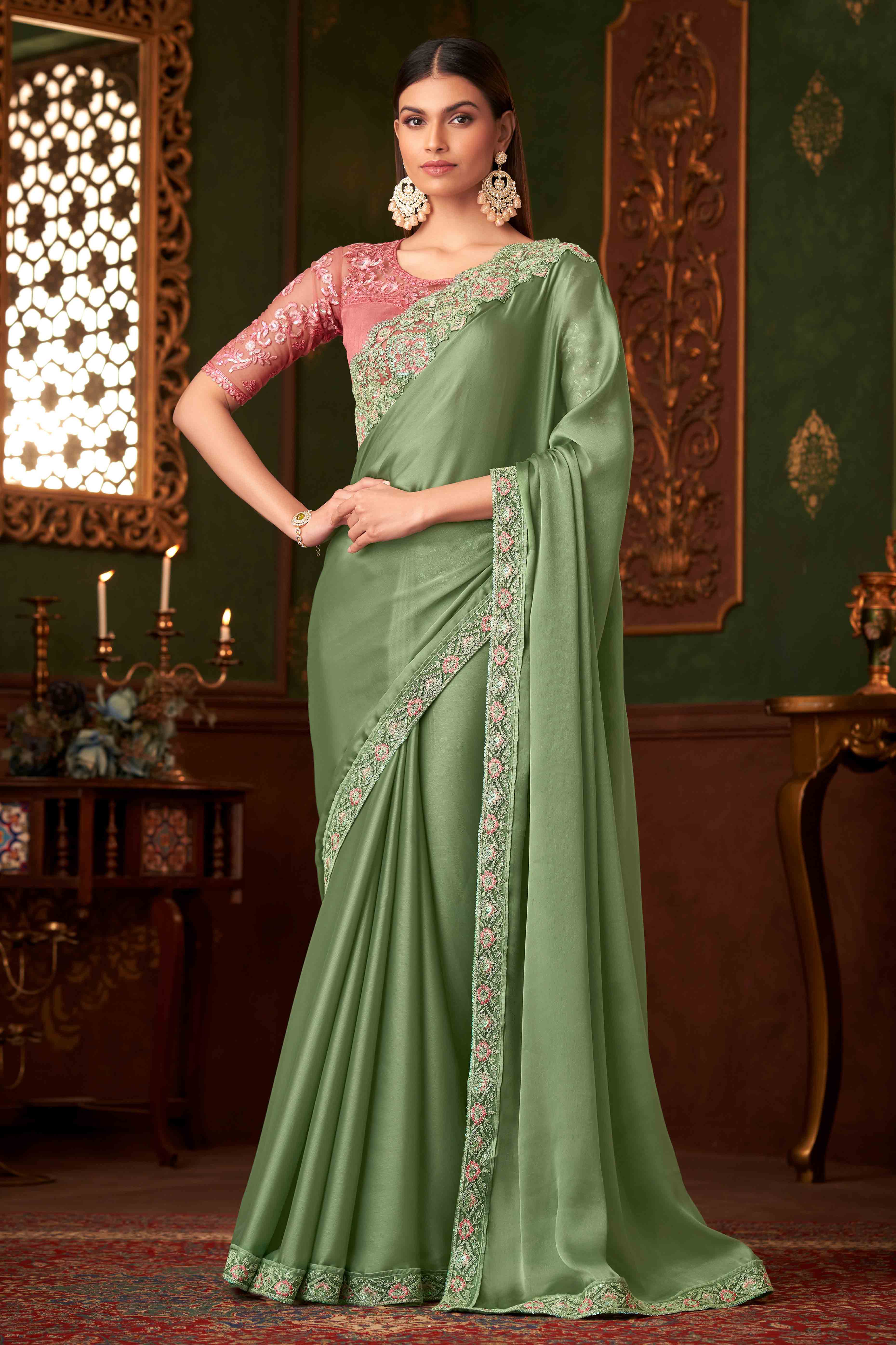 Pista Green Sequins Embroidered Satin Saree