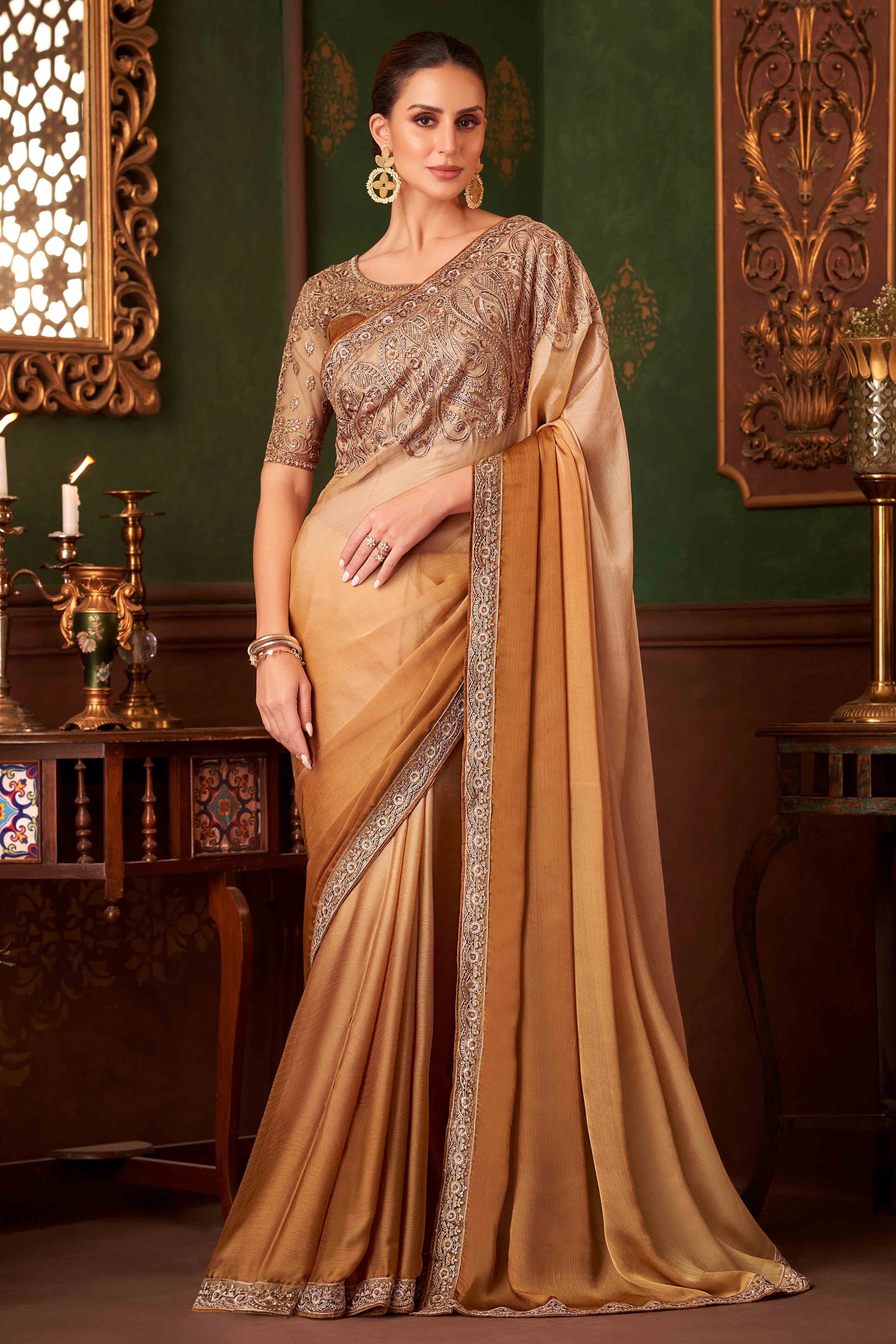 Light Brown Sequins Embroidered Chiffon Saree