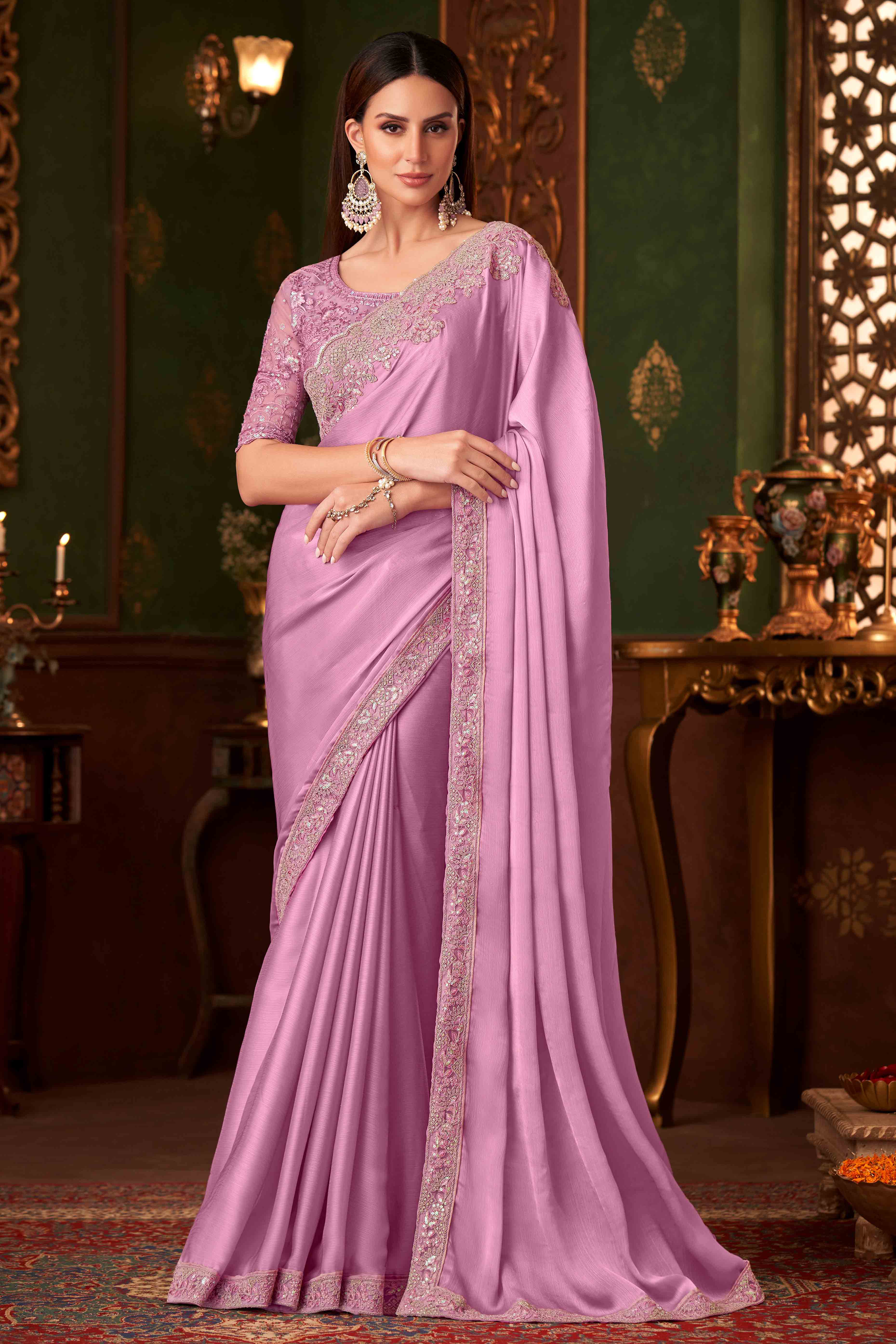 Baby Pink Sequins Embroidered Chiffon Saree