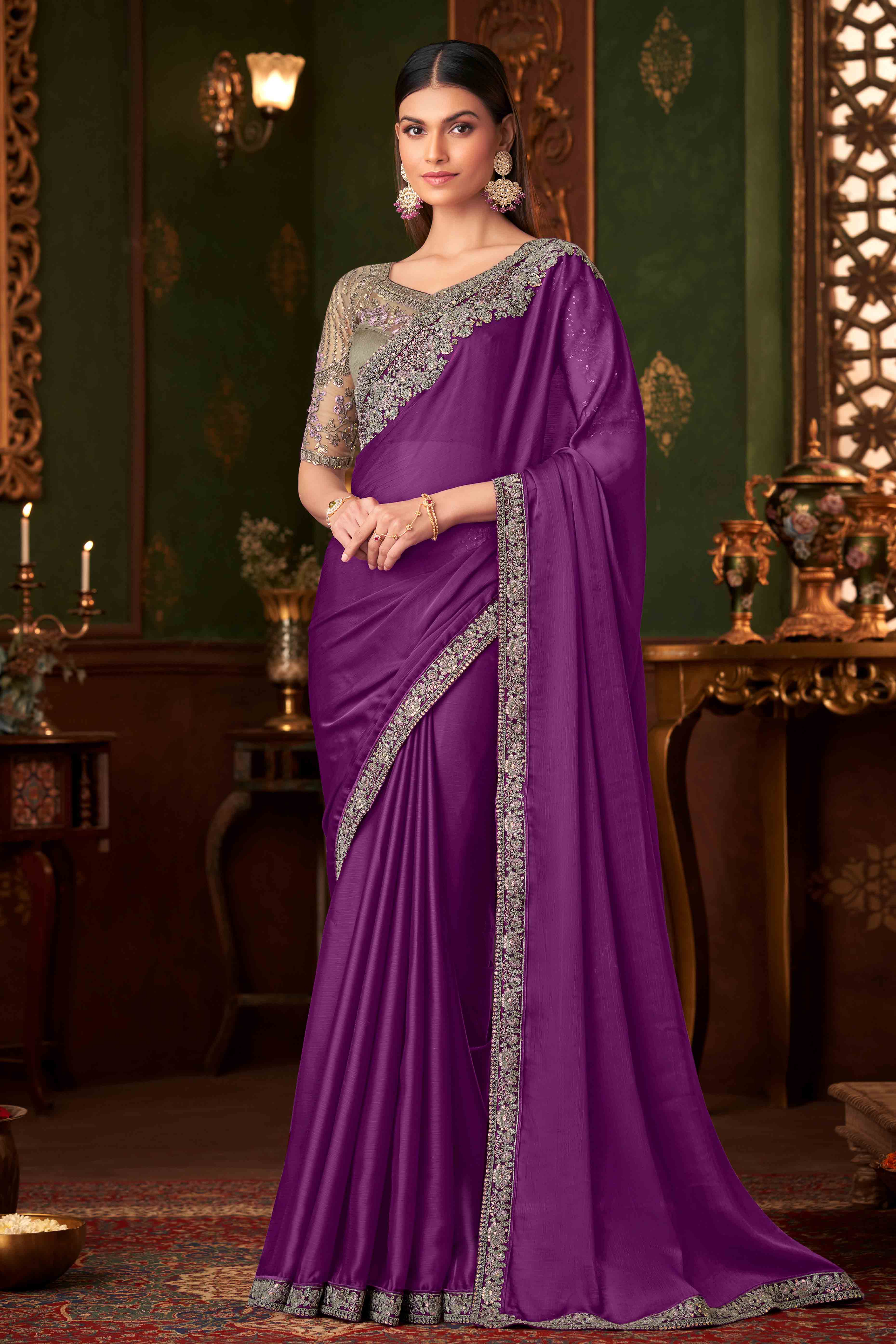 Purple Sequins Embroidered Chiffon Saree