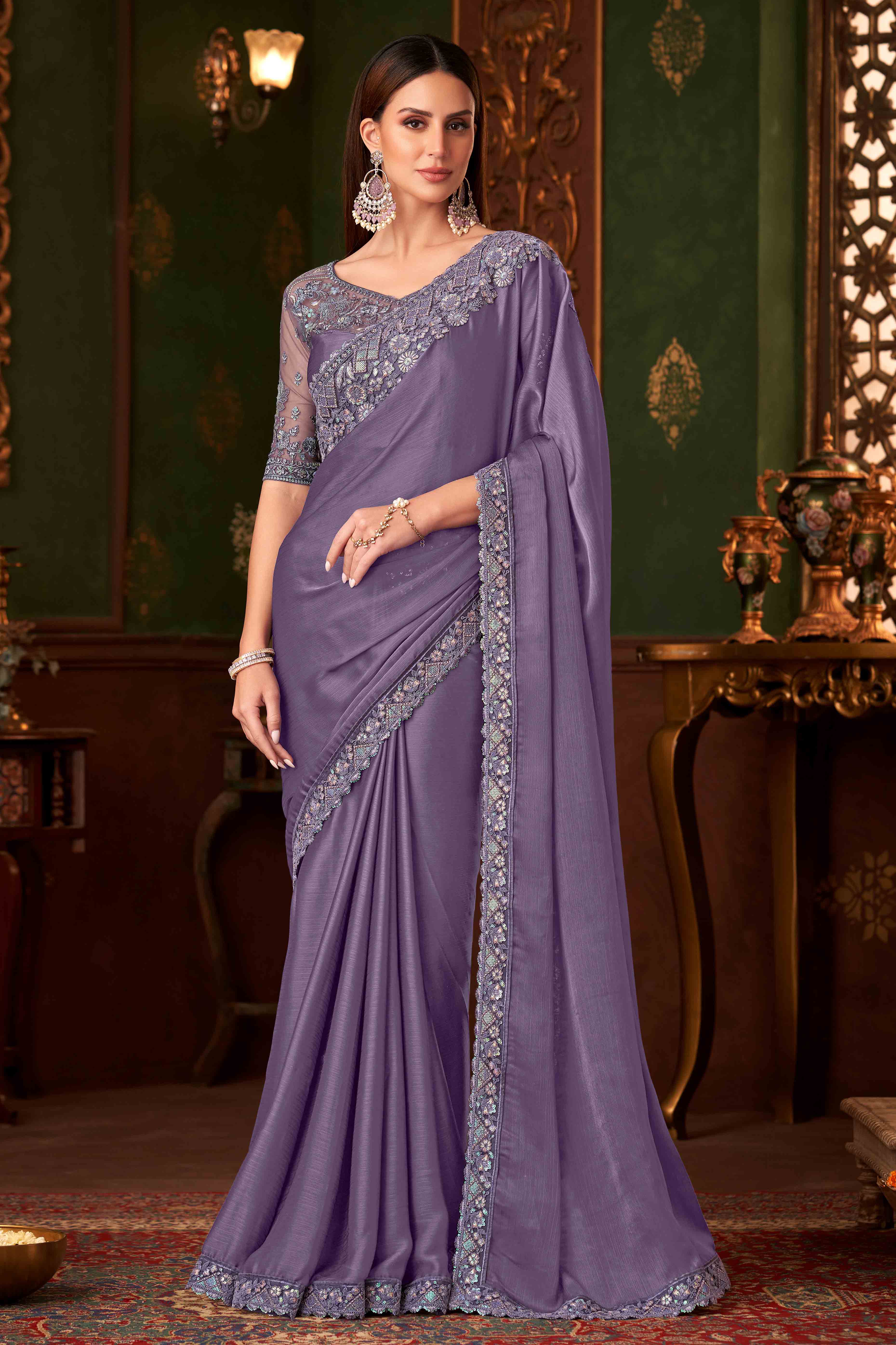 Light Purple Sequins Embroidered Chiffon Saree